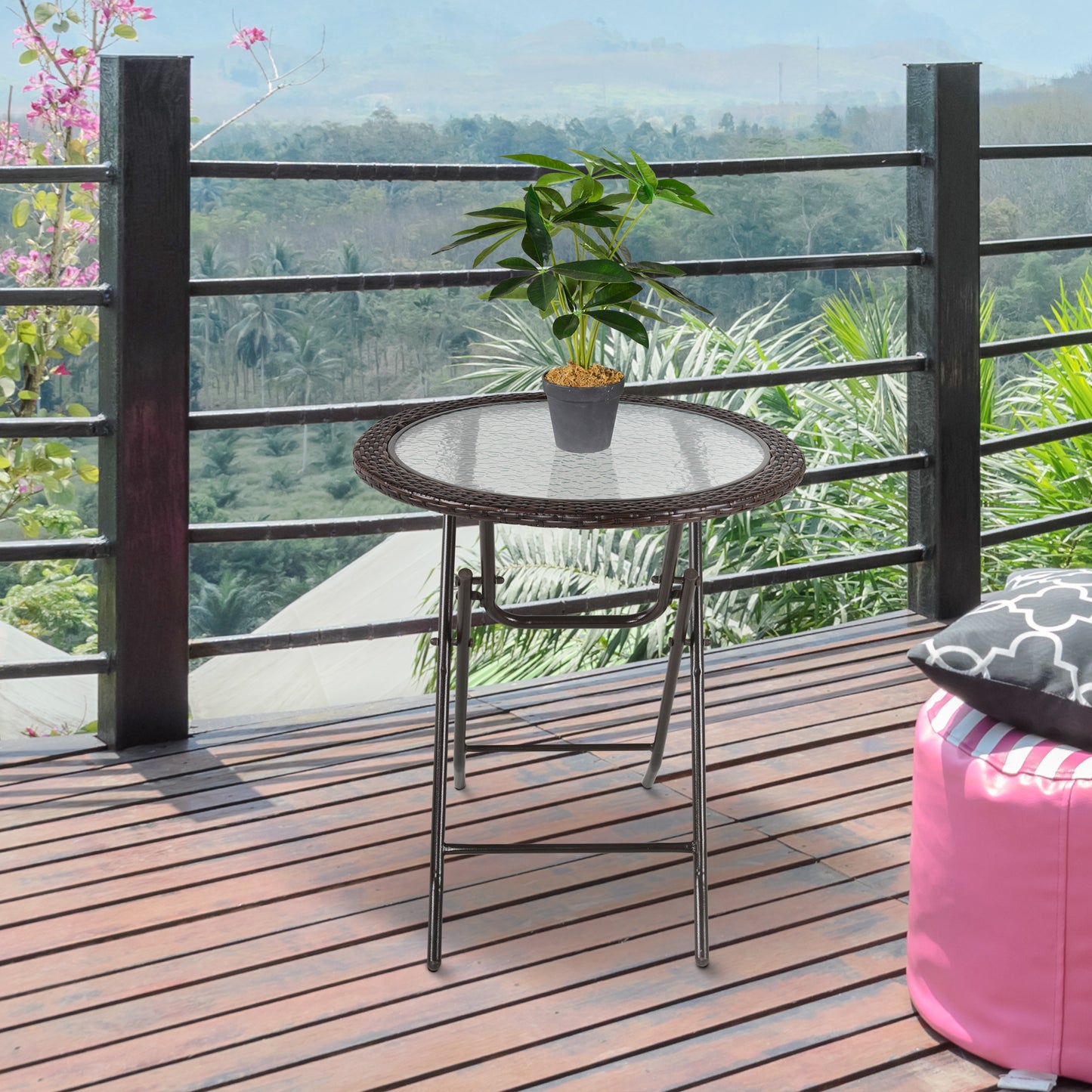 Outsunny 26.8" Dia. (68 Dia. cm) Folding Round Tempered Glass Metal Table with Brown Rattan Edging, Brown