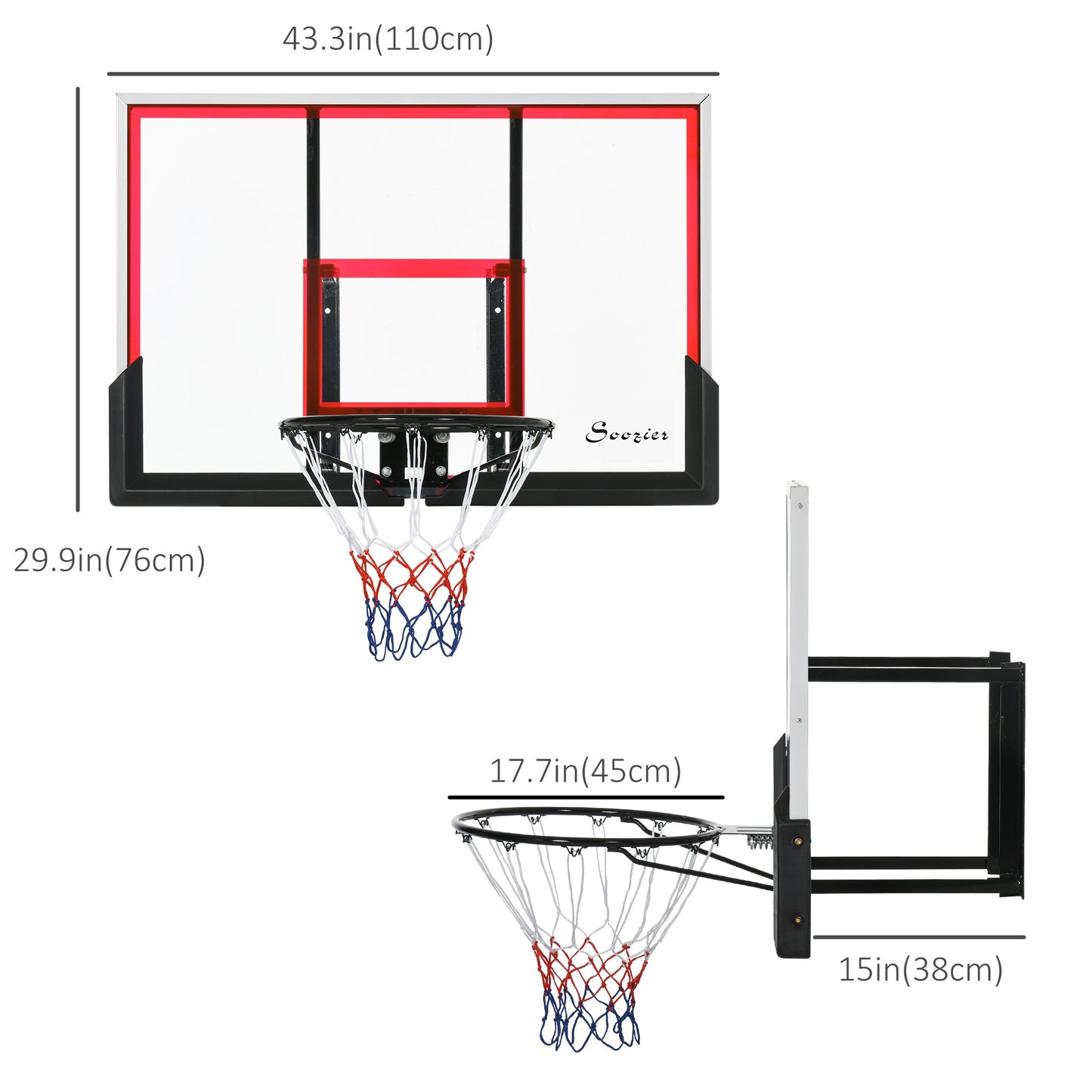 Soozier Wall Mounted Basketball Hoop with 43'' x 30'' Shatter Proof Backboard, for Indoor and Outdoor, Black