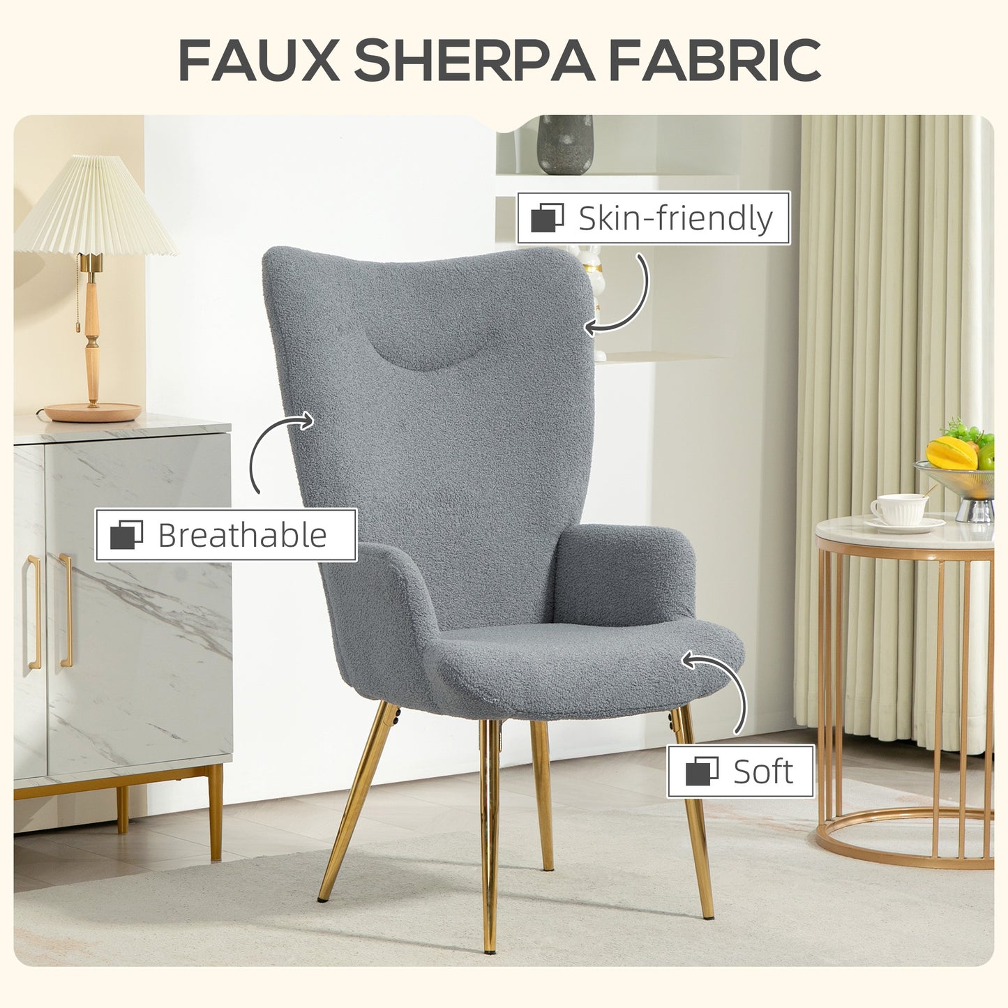 HOMCOM Modern Accent Armchair, Sherpa Boucle Lounge Chair with Metal Legs for Living Room, Bedroom, Grey
