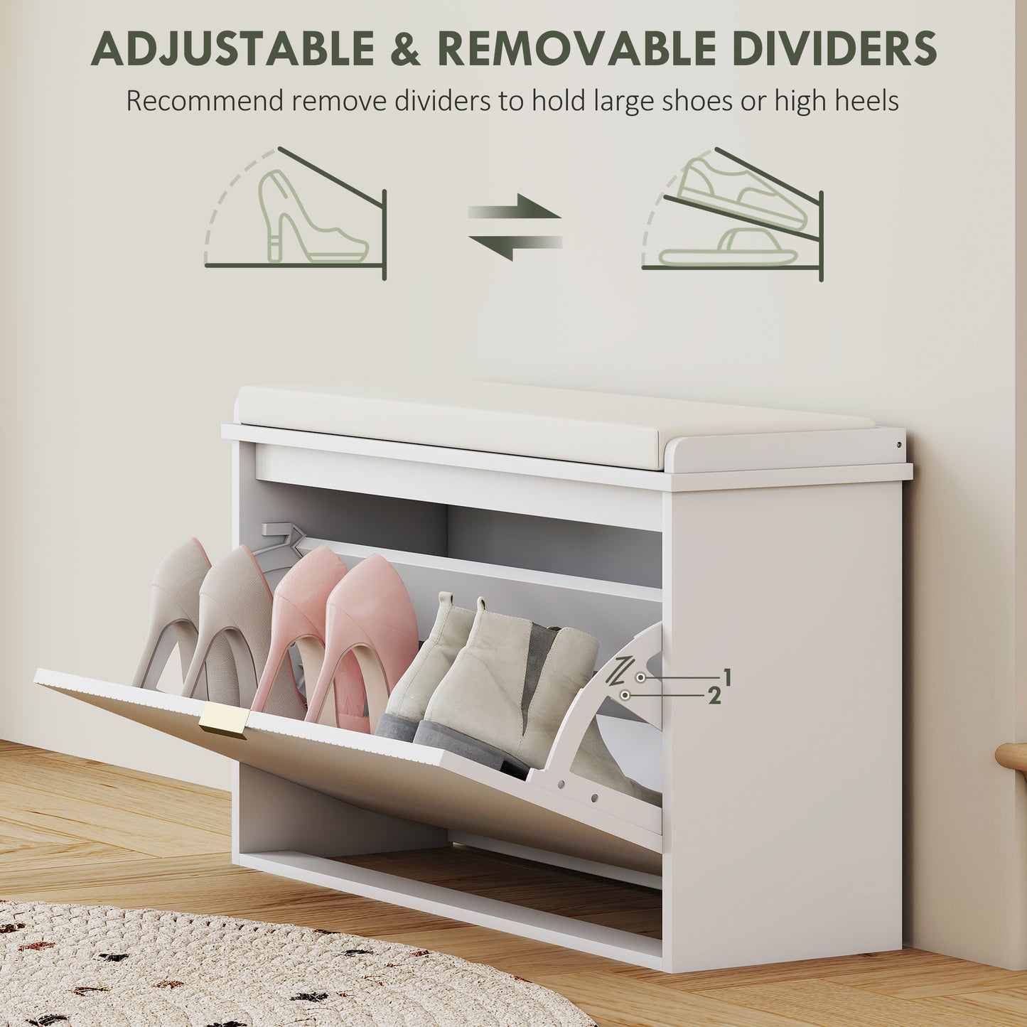 HOMCOM Entryway Bench with Padded Seat and Flip-Drawers, Holds up to 265lbs, Shoe Storage Bench for 8 Pairs of Shoes, White