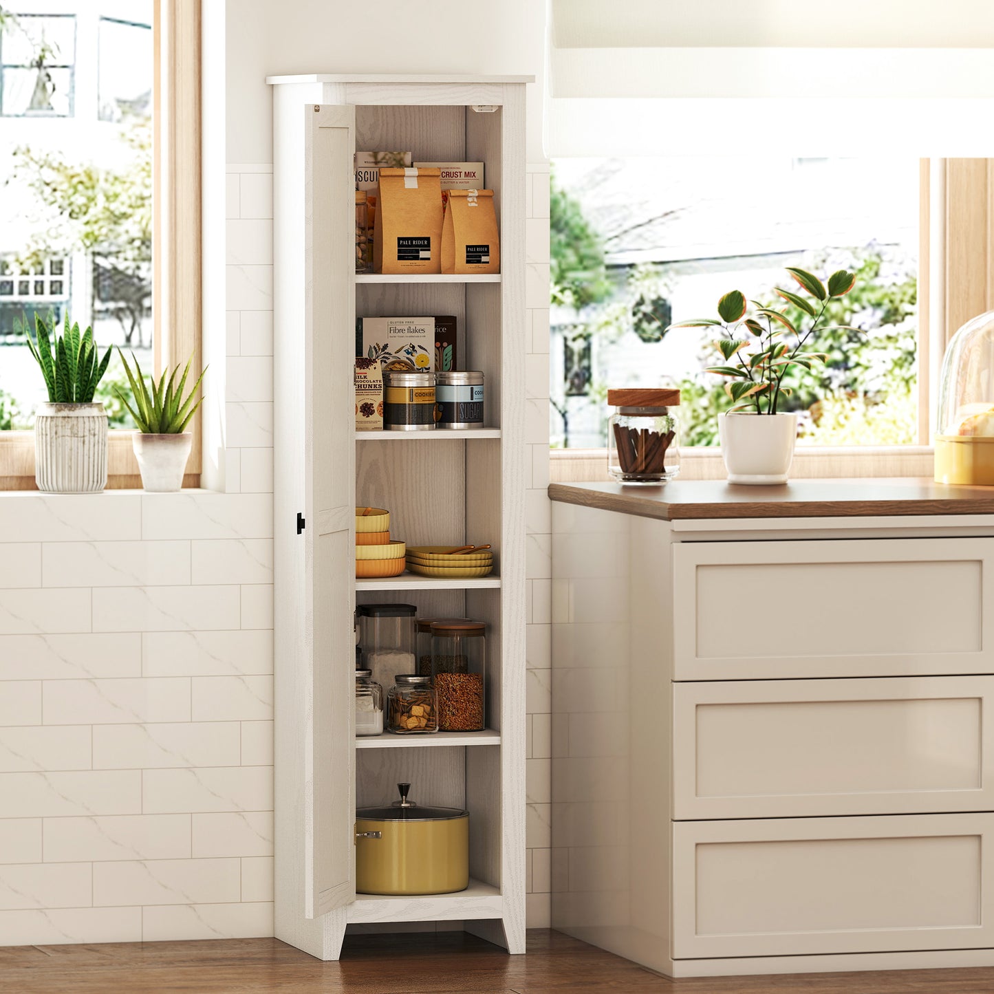HOMCOM 48" Farmhouse Kitchen Pantry Storage Cabinet with Barn Door, Kitchen Pantry Cabinet with Adjustable Shelves, Natural