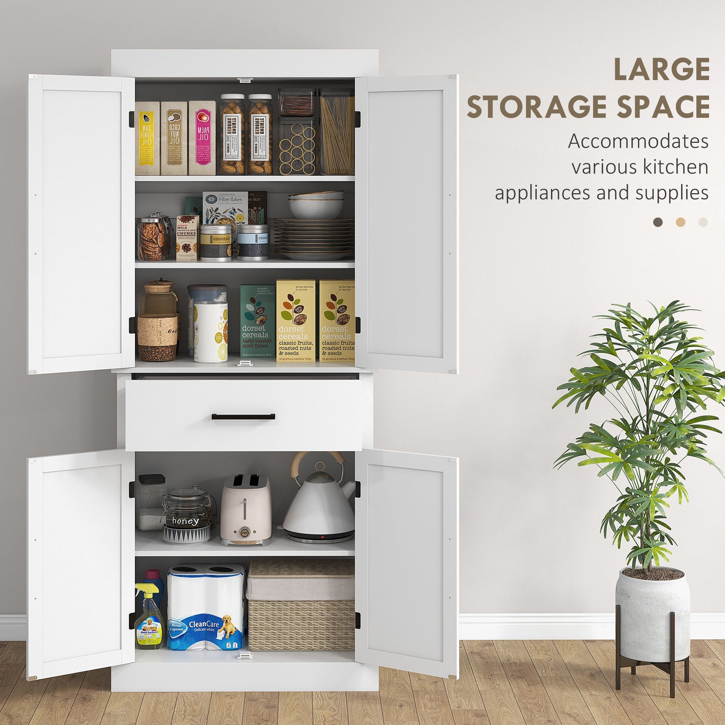 HOMCOM 72" Kitchen Storage Cabinet, Farmhouse Kitchen Pantry Cabinet with 4 Barn Doors, Drawer, Adjustable Shelves, Grey