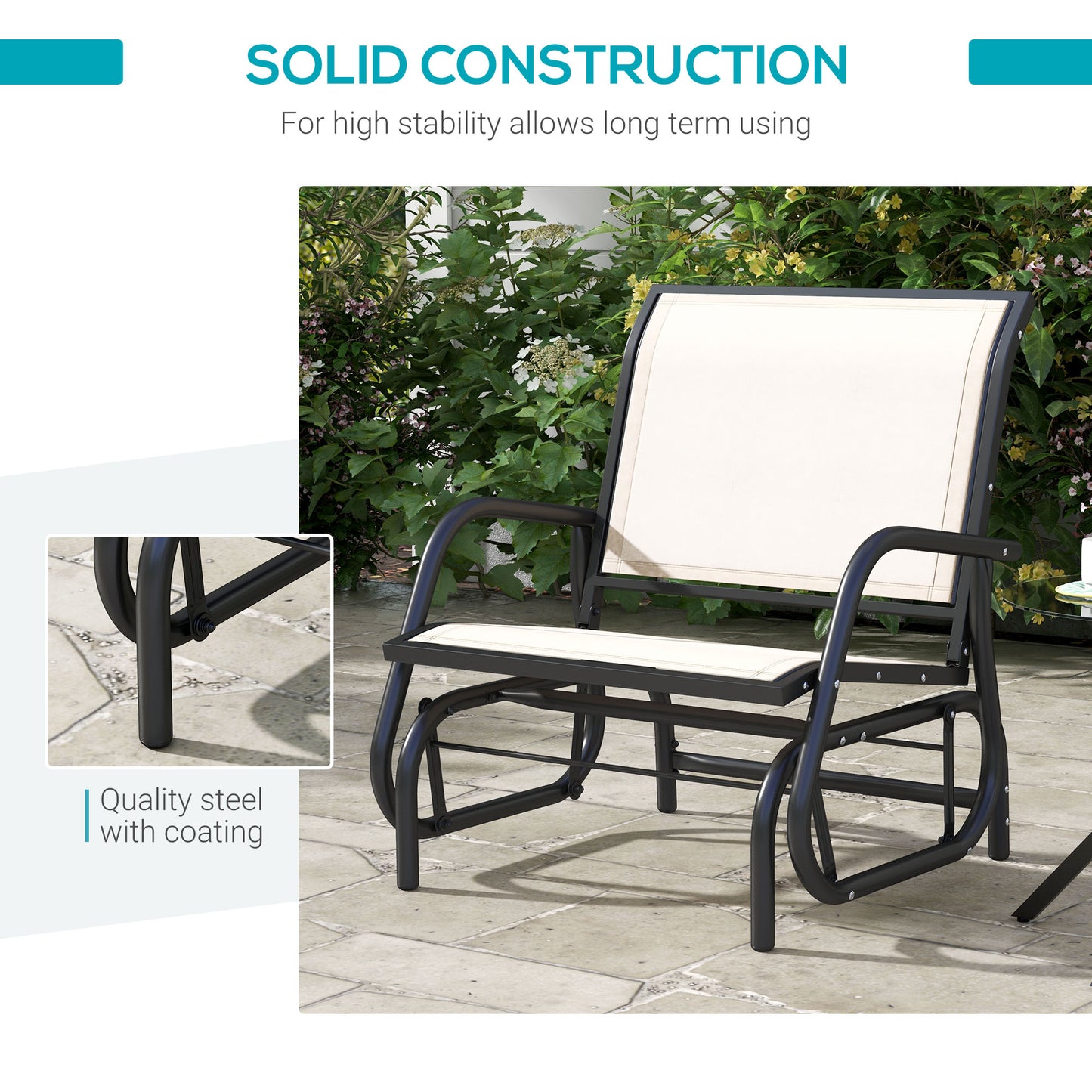 Outsunny Patio Glider with Breathable Mesh Fabric Seat & Backrest, Metal Frame Outdoor Glider Swing Chair with Armrests, Cream