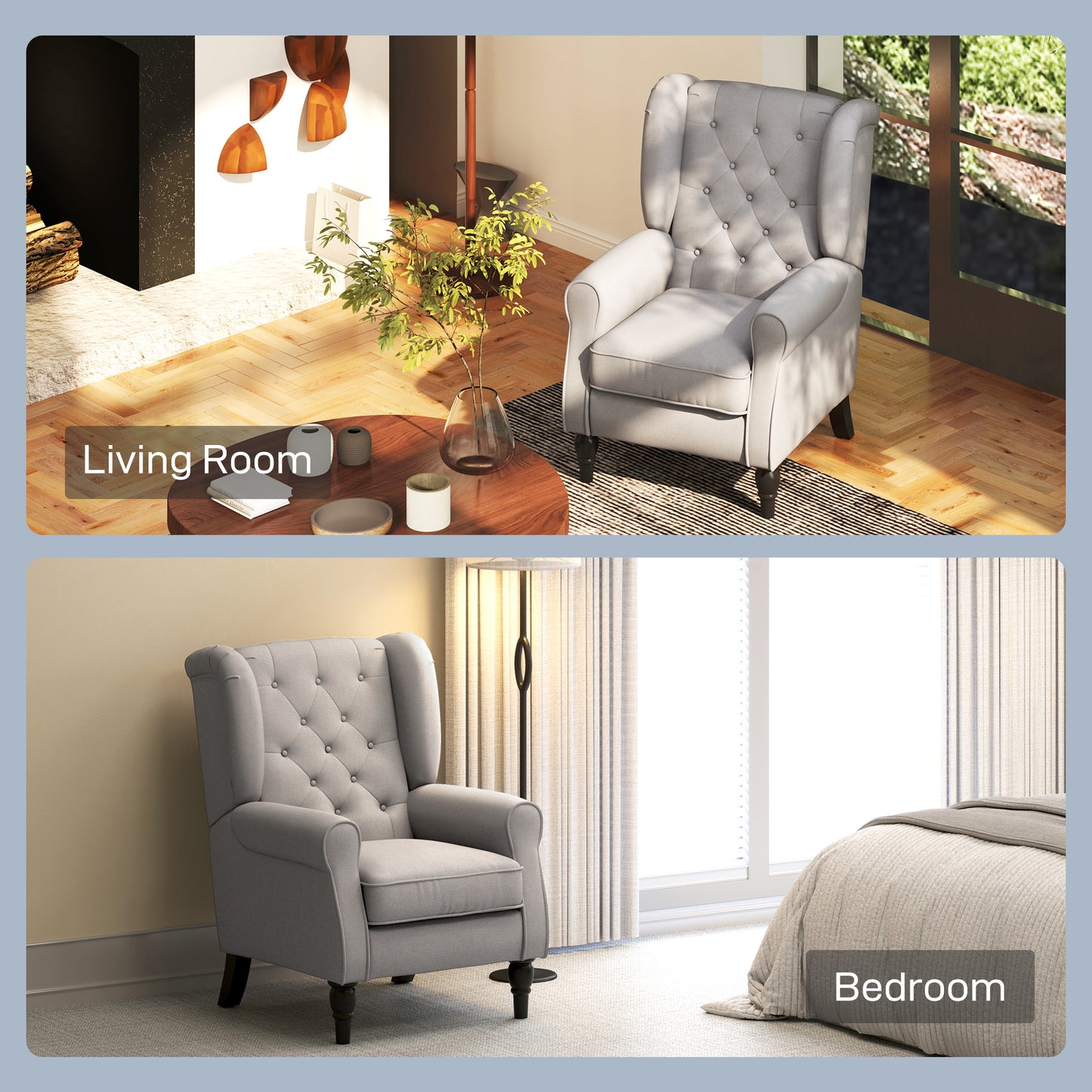 HOMCOM Fabric Accent Chair, Button Tufted Armchair, Upholstered Modern Living Room Chair, Wingback Chair with Wood Legs, Rolled Arms, Thick Padding for Bedroom, White