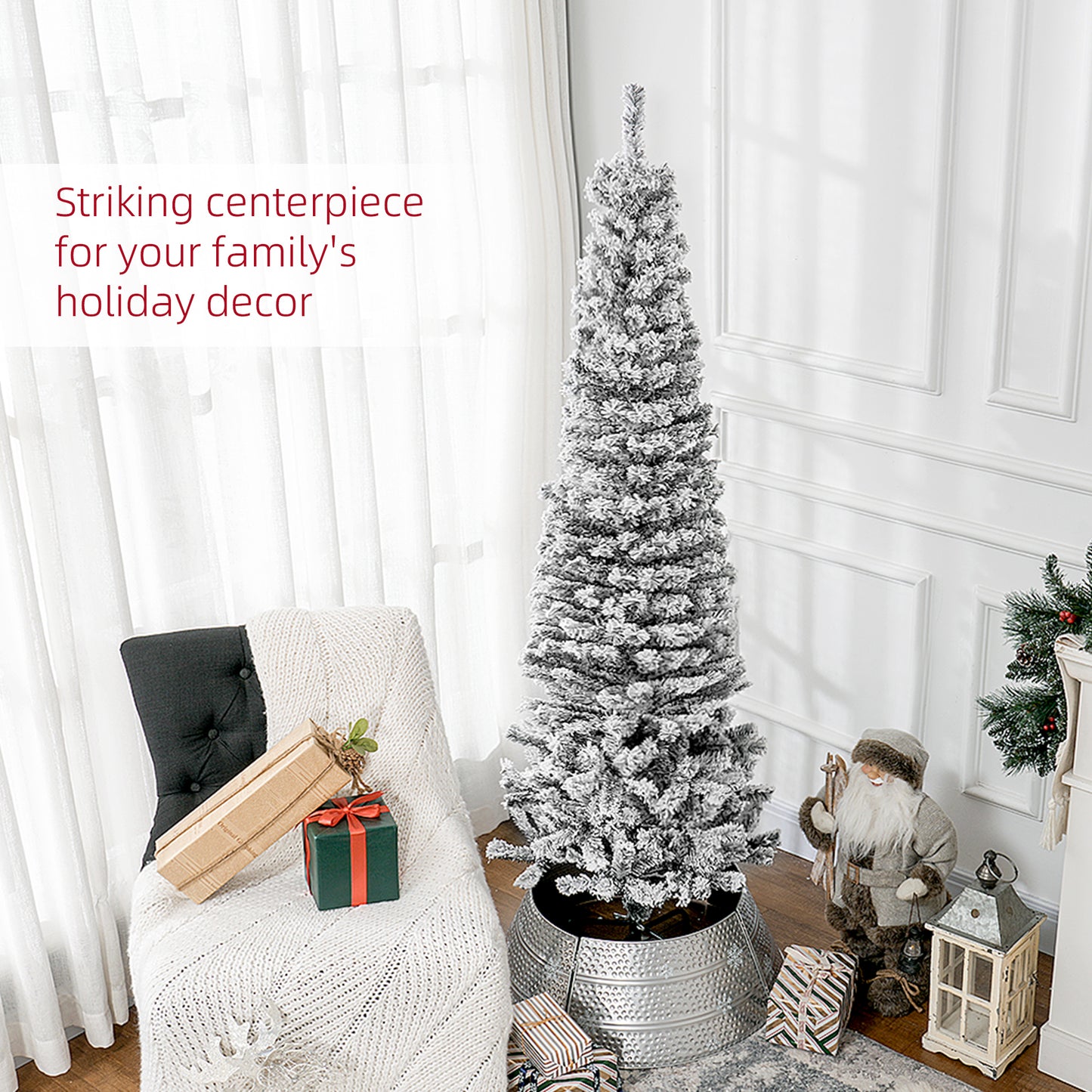 HOMCOM 7.5ft Flocked Christmas Tree, Pencil Christmas Tree with Realistic Branch Tips, Folding Metal Stand, Green