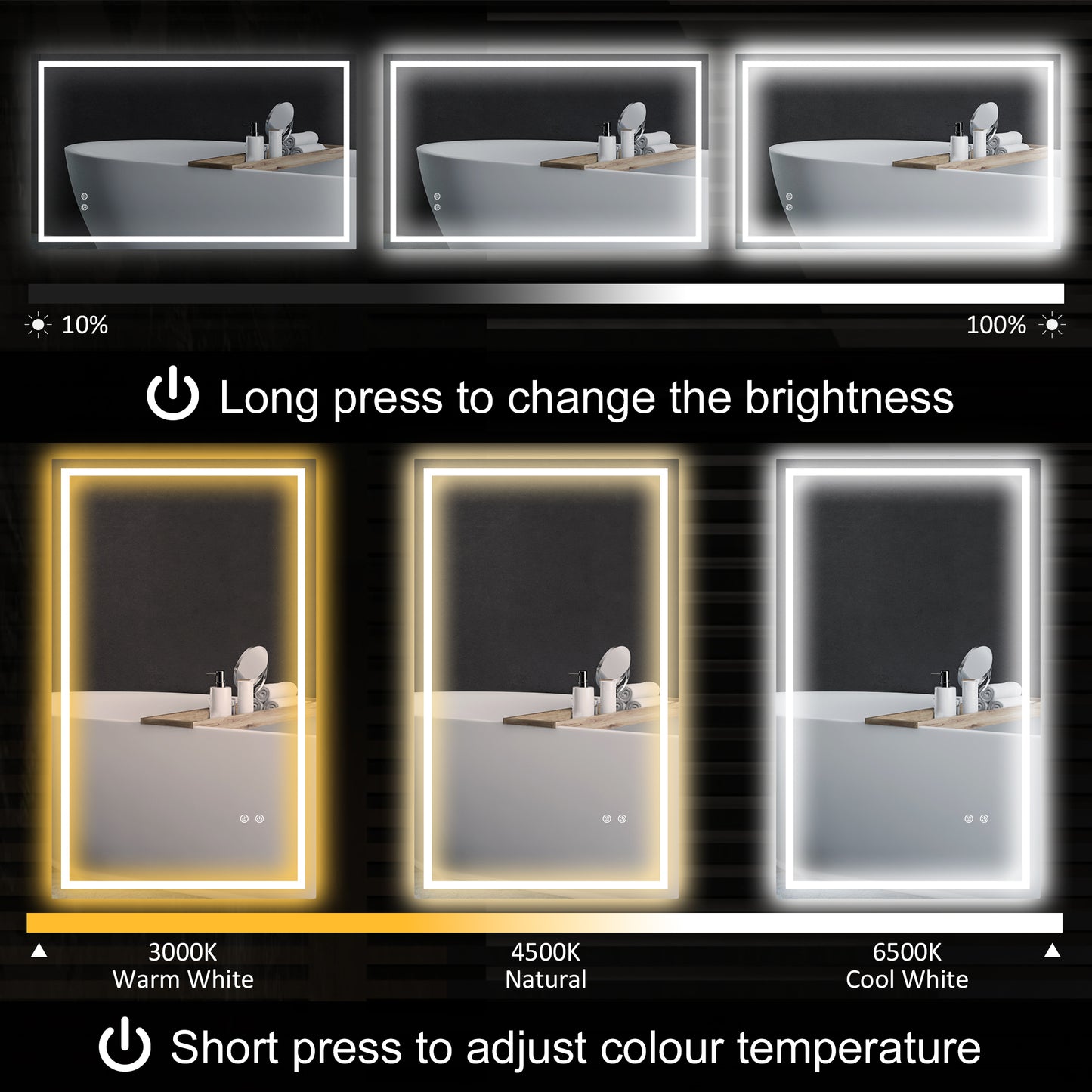 HOMCOM 39" x 24" Bathroom Mirror with LED Lights, Wall Mounted Vanity Mirror with Anti-Fog Pad and Touch Button, Clear