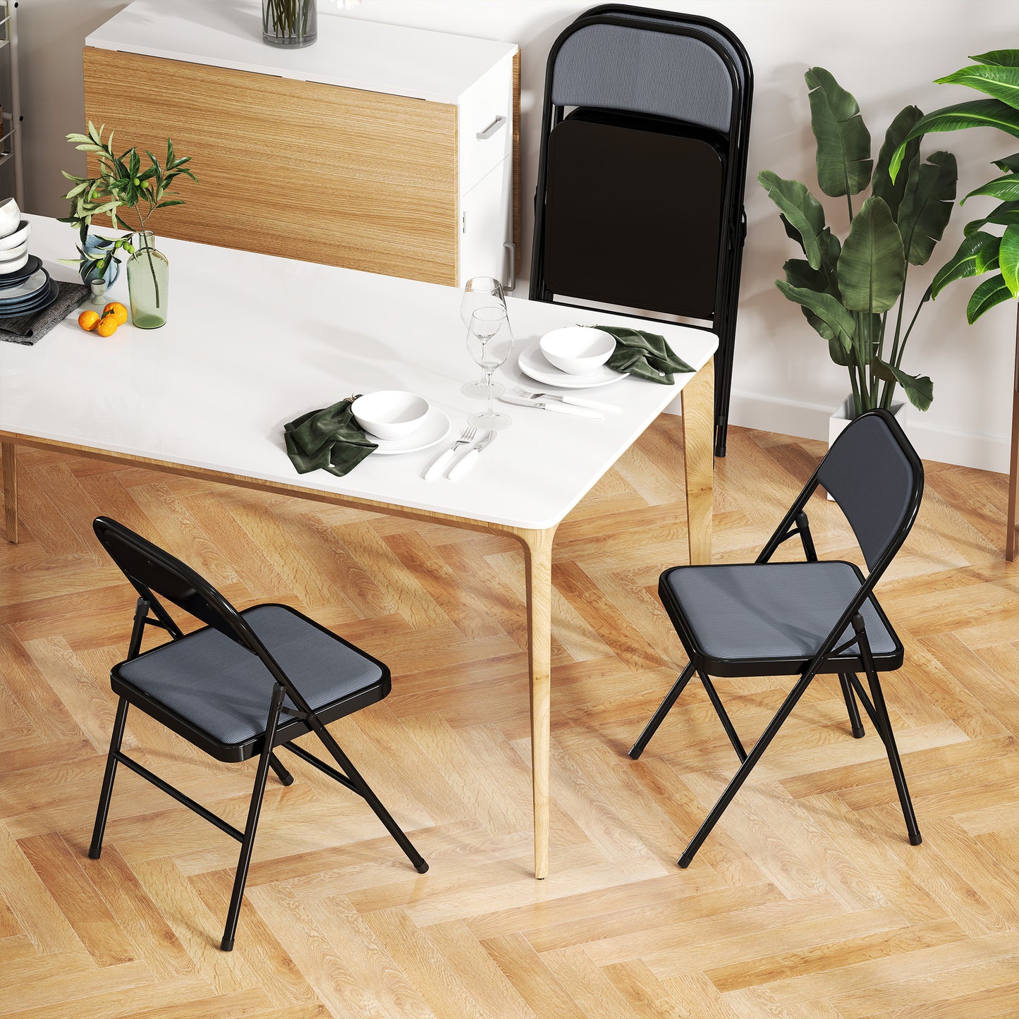 HOMCOM Set of 6 Metal Foldable Chairs, Linen Padded Folding Chairs with Cushion Seat and Open Back for Indoor, Black