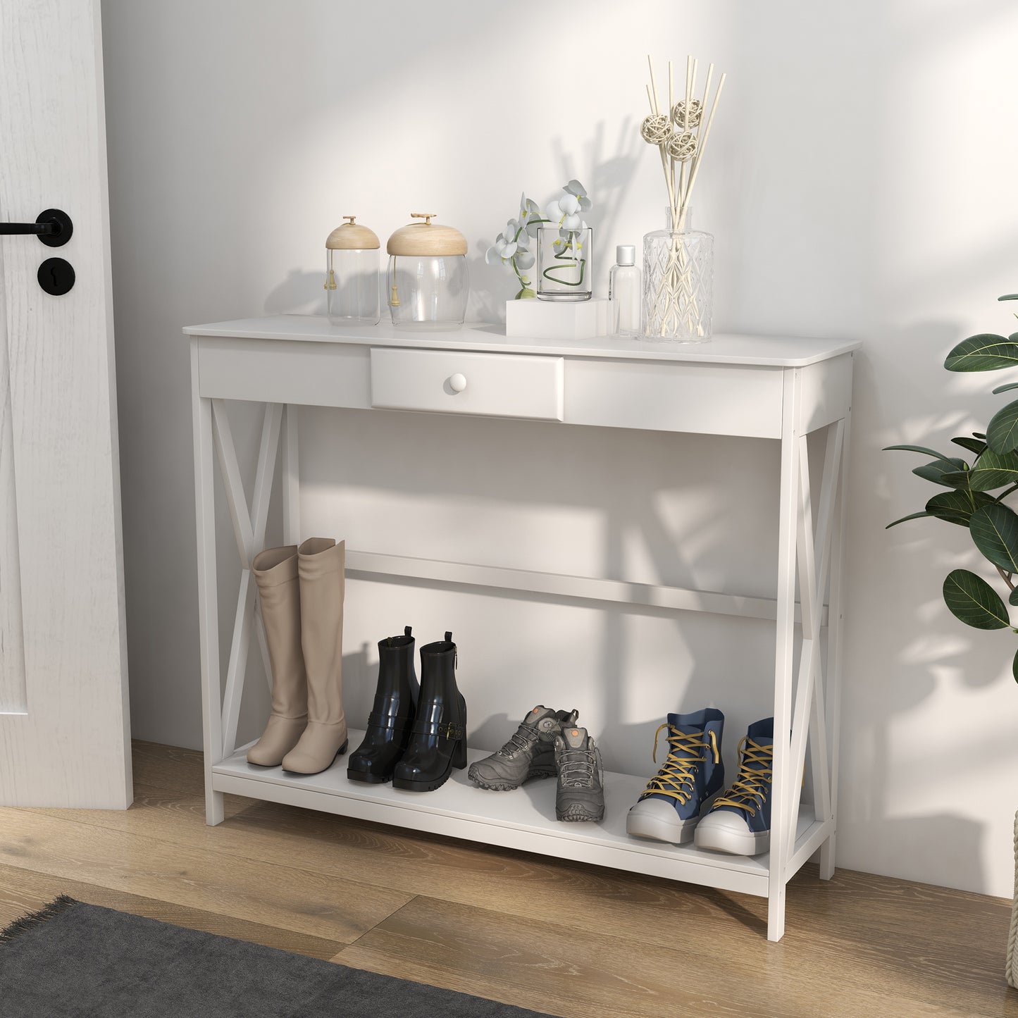 HOMCOM 39" Console Table, 2 Tier X-Design Narrow Entryway Table with Drawer and Storage Shelf for Behind Couch, Living Room, Hallway, White