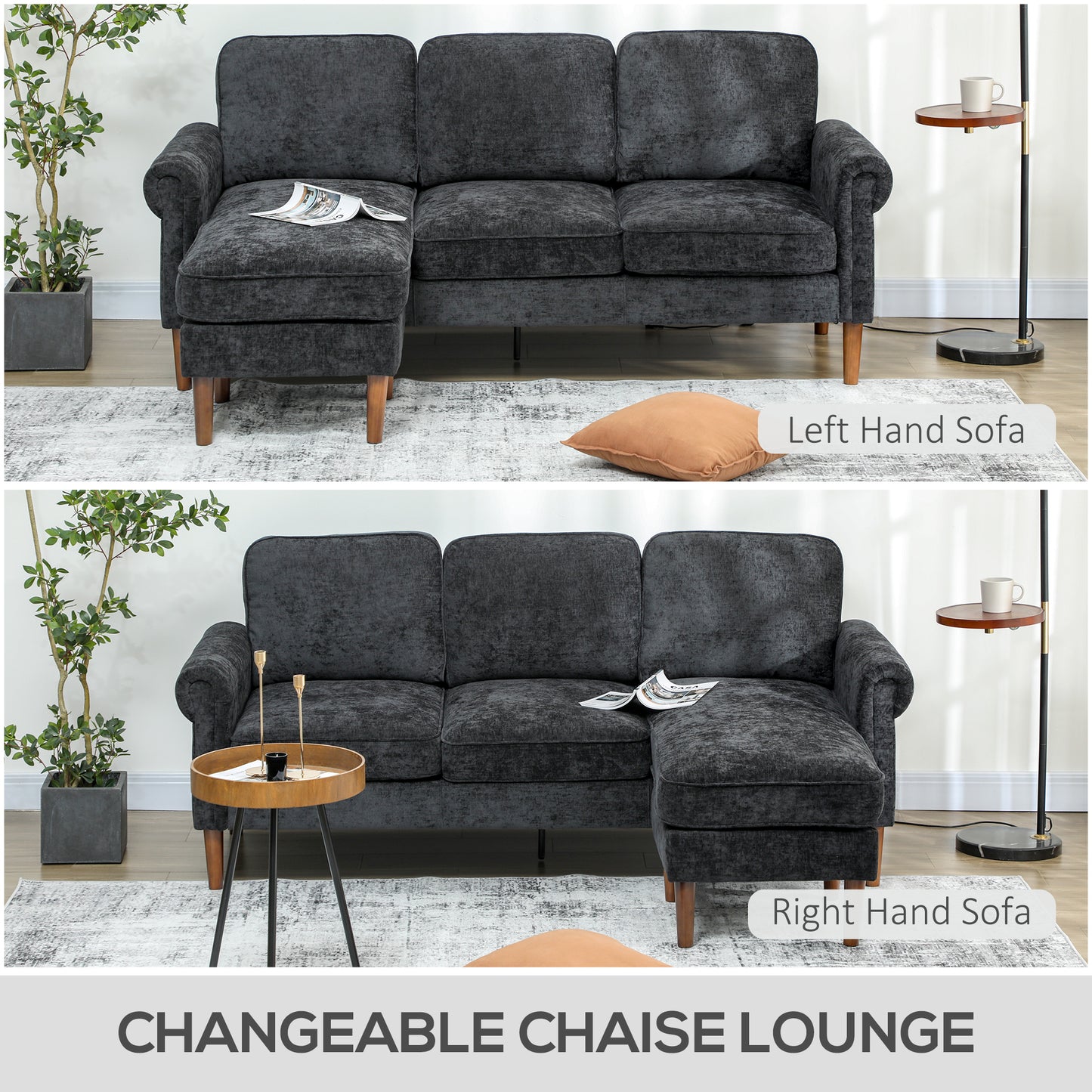 HOMCOM L Shape Sofa, Modern Sectional Couch with Changeable Chaise Lounge, Wooden Legs, Corner Sofa for Living Room, Black