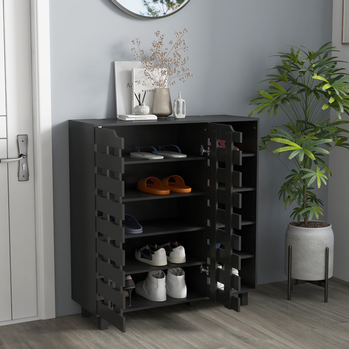 HOMCOM Shoe Cabinet, 21 Pair Shoe Storage Cabinet Organizer with 5-tier Double Door Cupboard and 5-tier Open Shelves, Black