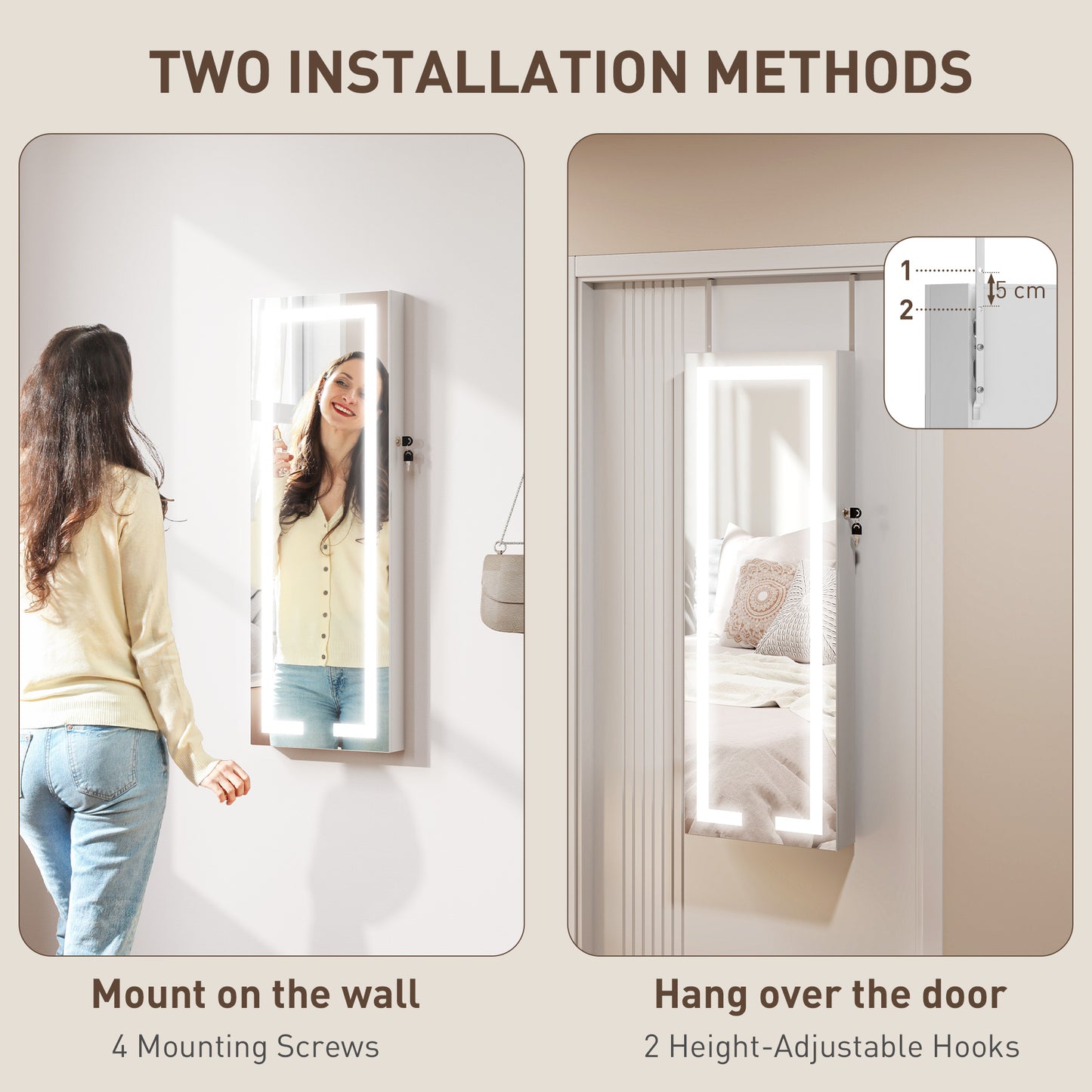 HOMCOM LED Lighted Jewelry Armoire with Mirror Jewelry Cabinet with Storage Lockable Door/Wall Mounted Jewelry Organizer, White