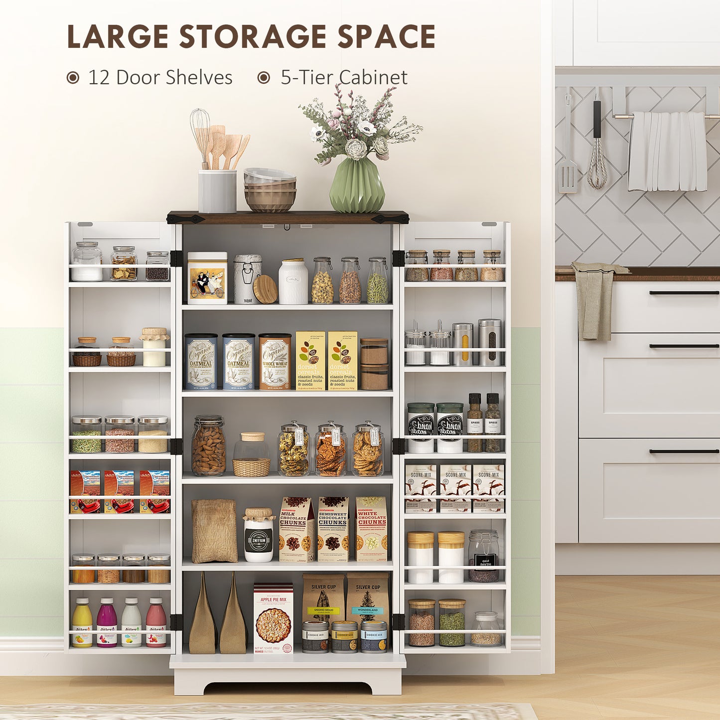 HOMCOM Farmhouse Kitchen Pantry Storage Cabinet, Kitchen Pantry Cabinet with Doors and Adjustable Shelves, White