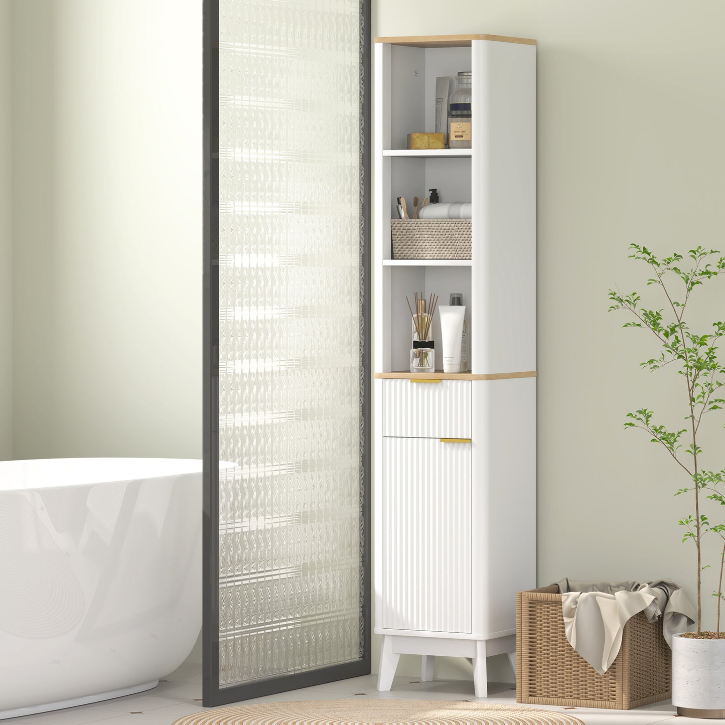 HOMCOM 67" Tall Bathroom Cabinet, Narrow Bathroom Storage Cabinet with 3 Open Shelves, Drawer and 2 Adjustable Shelves, White