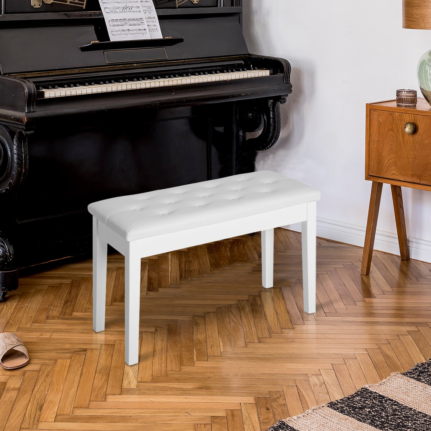 HOMCOM 30" Piano Bench with Padded Cushion and Storage, Faux Leather Keyboard Bench with Solid Wood Legs, Black
