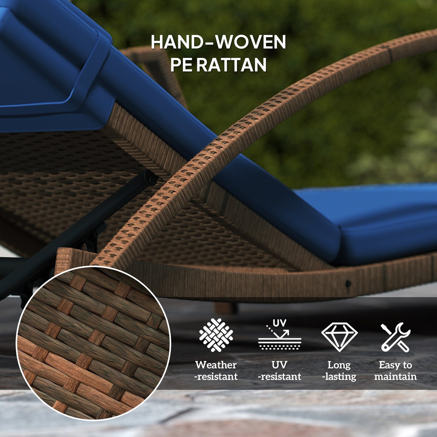 Outsunny Set of 2 Wicker Chaise Lounge Chair Outdoor Patio Lounger with 5 Adjustable Back, Wheels, Cushion and Armrests, Blue