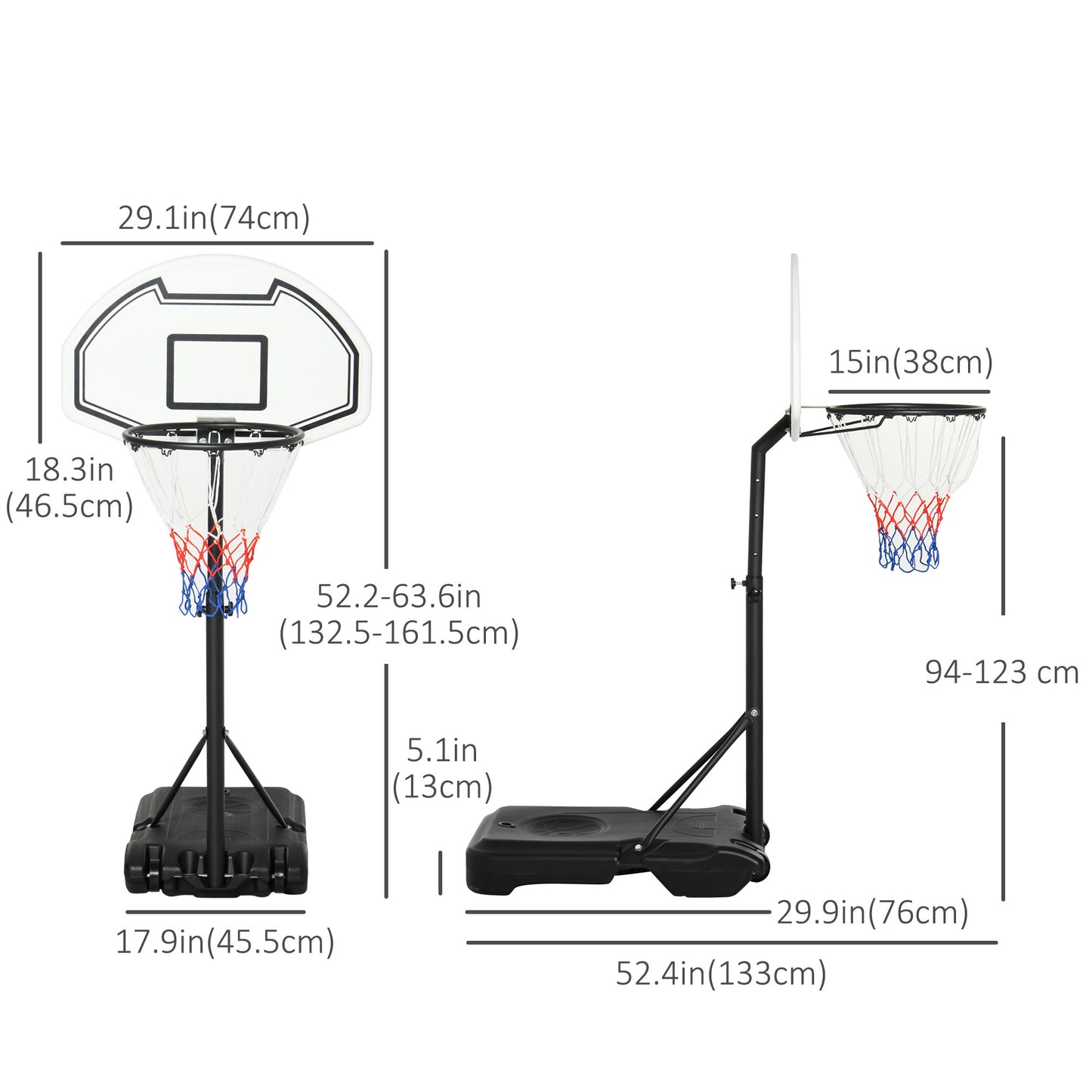 HOMCOM 51"-64" Height Adjustable Basketball System Poolside Hoop Stand Portable with Wheels
