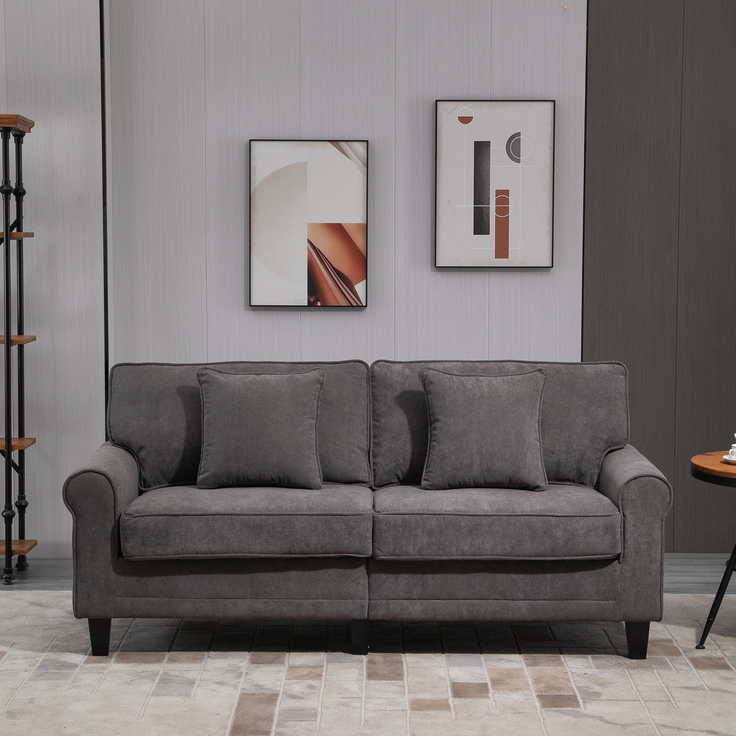 HOMCOM Modern 3 Seater Sofa, Corduroy Fabric 3 Seater Couch with Pine Wood Legs and Rolled Armrests for Living Room, Light Grey