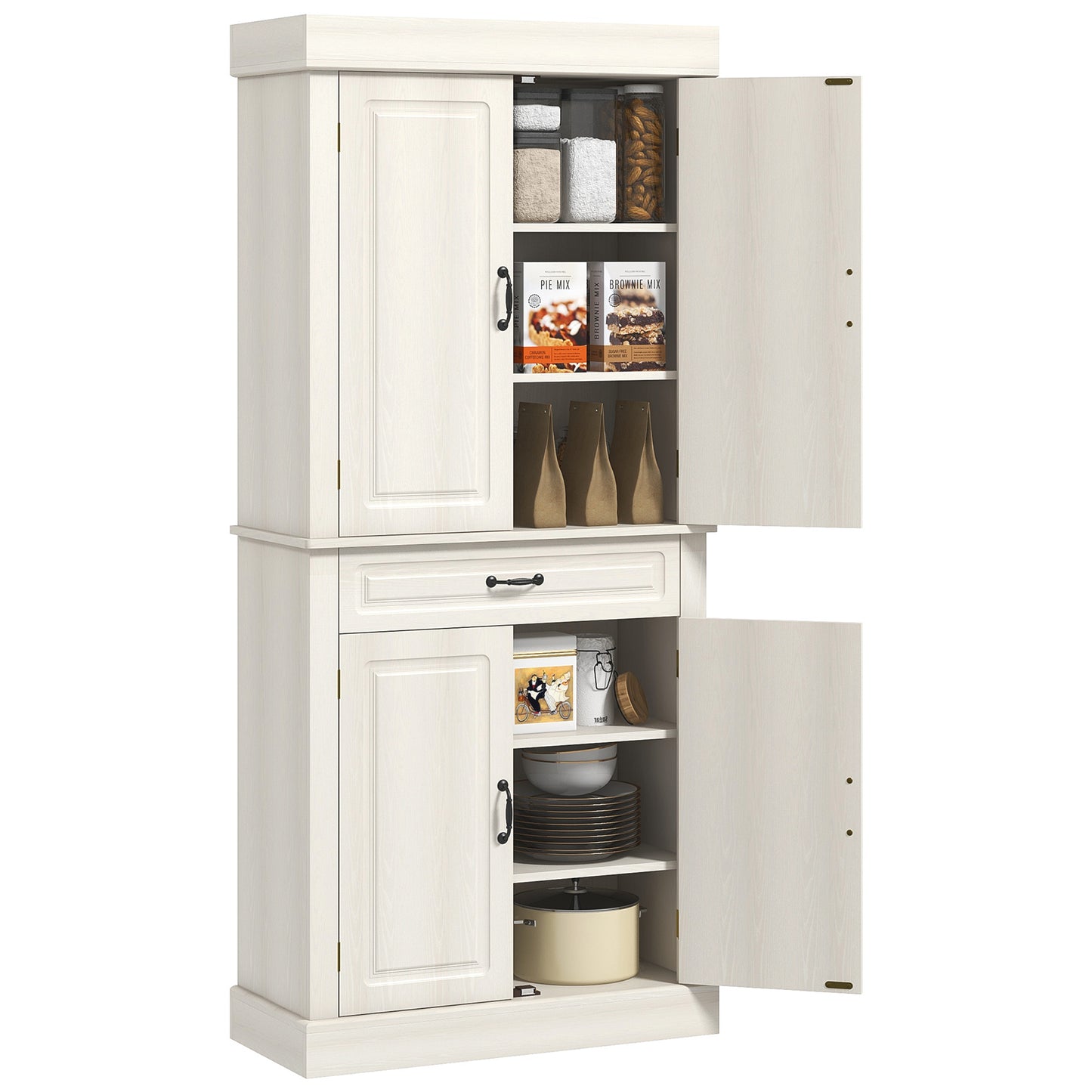 HOMCOM 71" Freestanding Kitchen Pantry with 4 Doors and 2 Cabinets, Tall Storage Cabinet for Kitchen, Distressed Coffee