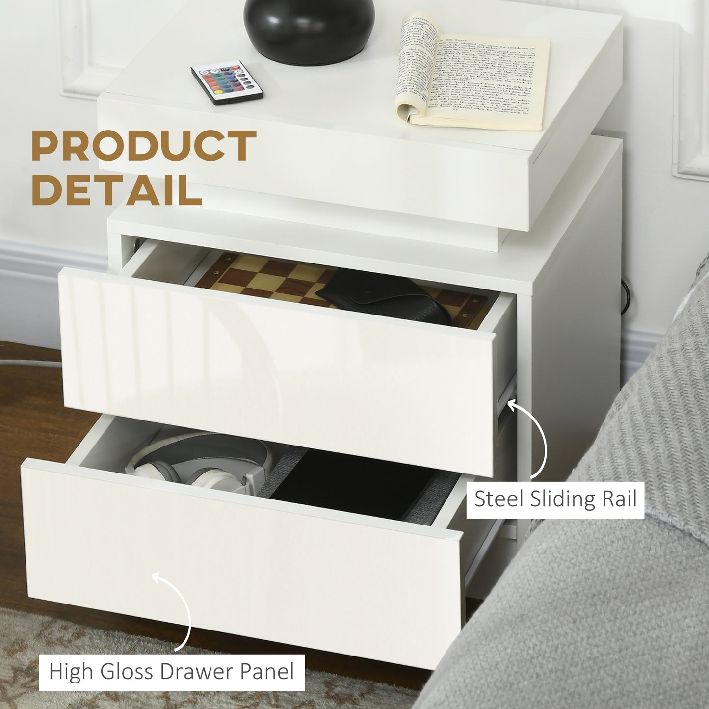 HOMCOM Nightstand, Bedside Table with LED Lights and 2 Drawers for Bedroom, Living Room, White