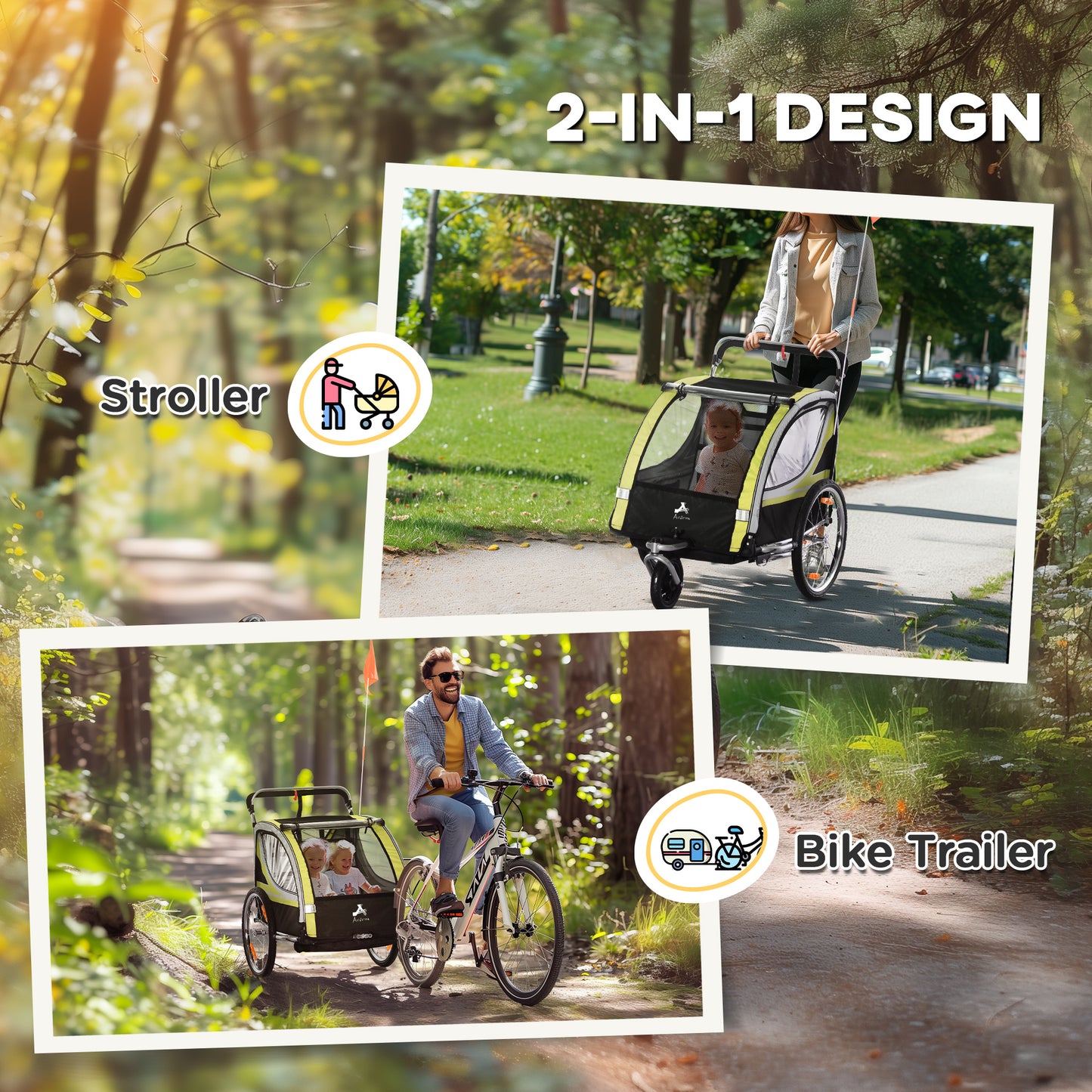 Aosom 2 Seat Bike Trailer for Kids 2-in-1 Double Baby Jogging Stroller with Handbrake, Rubber Wheels, 5 Point Harness, Waterproof Cover, Storage Bag, Reflectors, Yellow