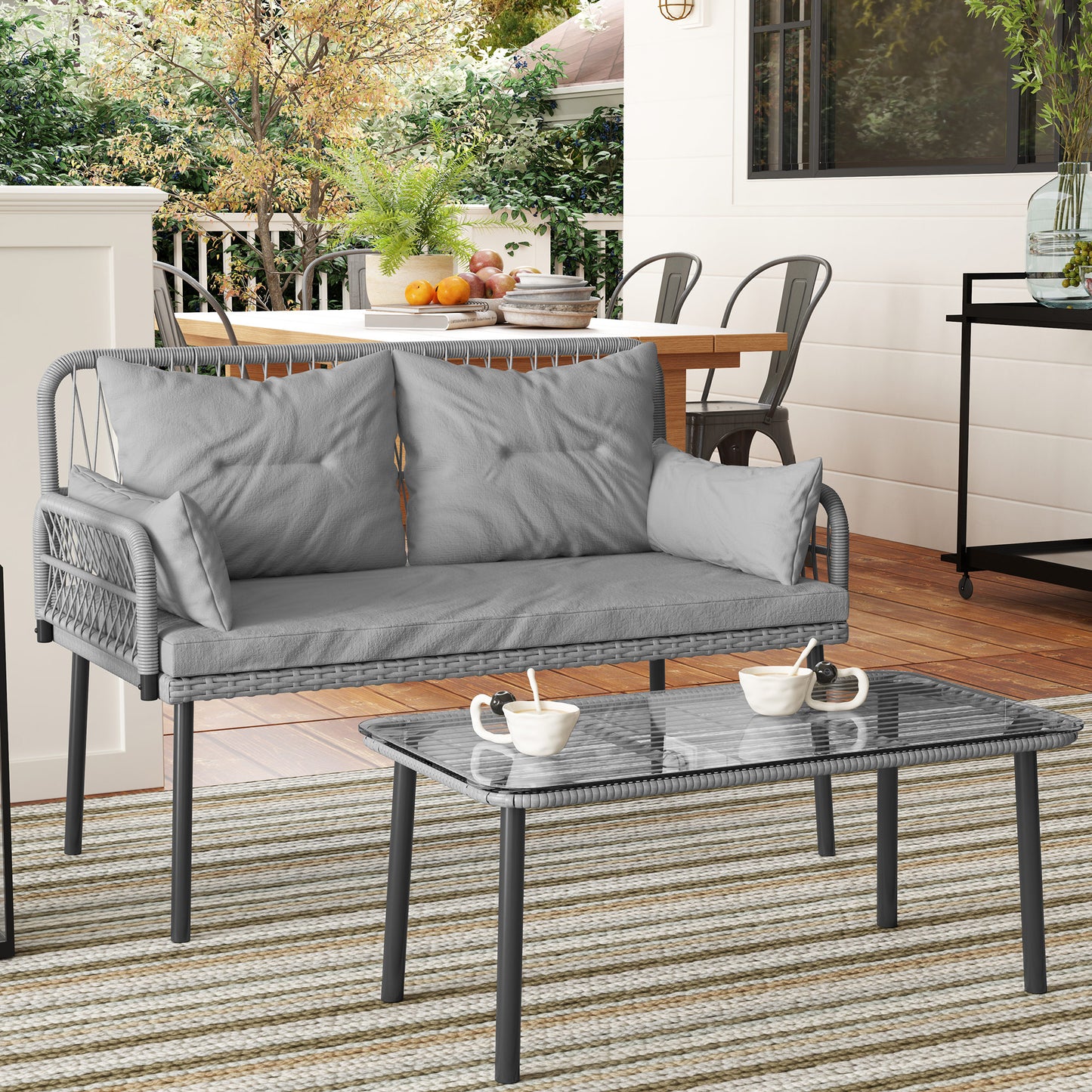 Outsunny 2 Pieces Wicker Patio Furniture Set, Small Patio Seat with Outdoor Loveseat, Glass Top Table and Cushions, Light Grey