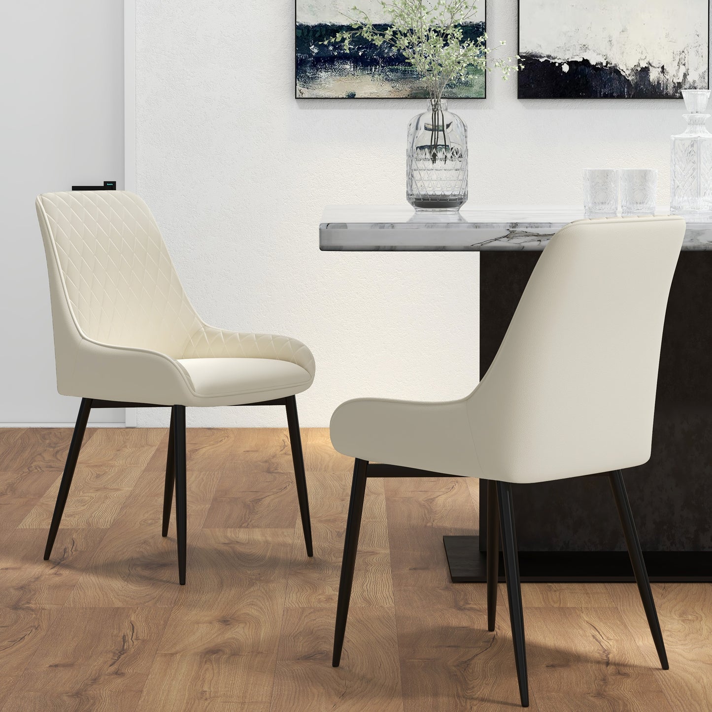 HOMCOM Upholstered Kitchen Chairs, Modern Dining Chairs Set of 2 with Diamond Tufting and Steel Legs for Dining Room, Black