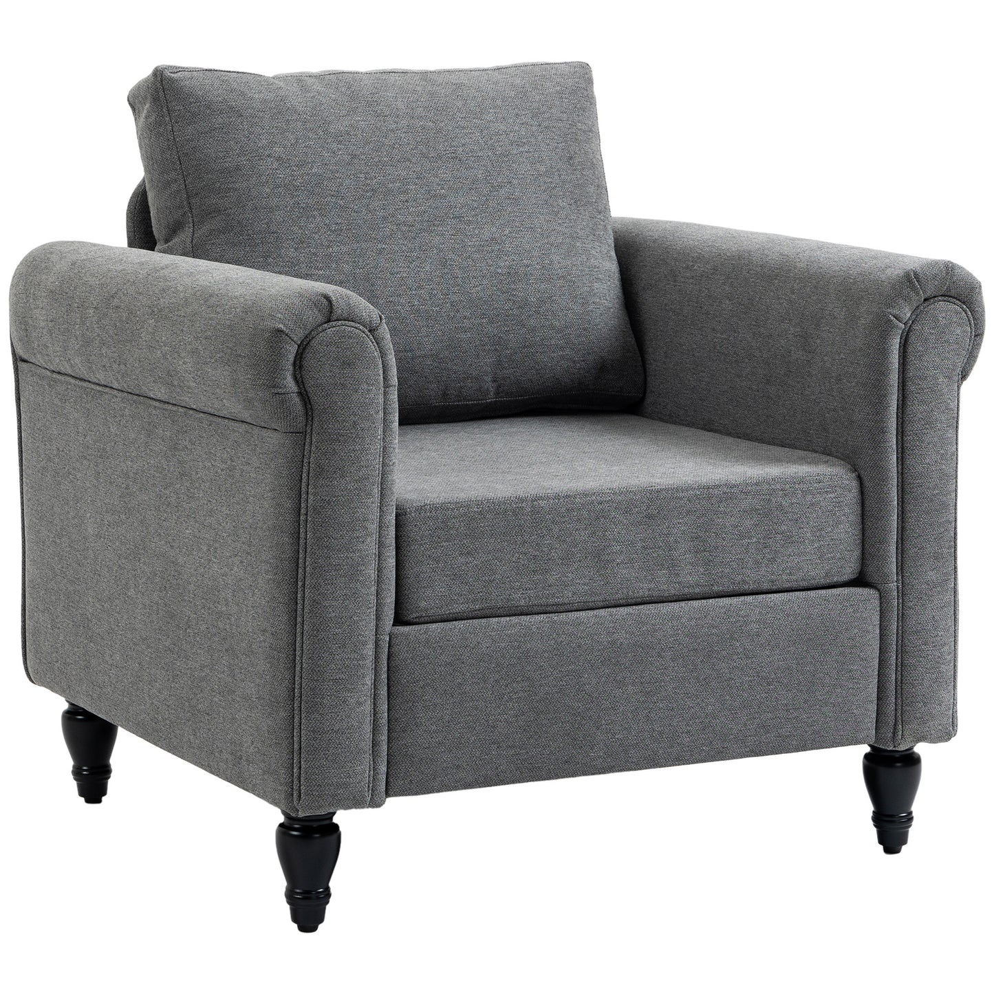 HOMCOM Vintage Armchair, Upholstered Accent Chair with Rolled Arms, Gourd-Shaped Rubber Wood Legs, Light Grey
