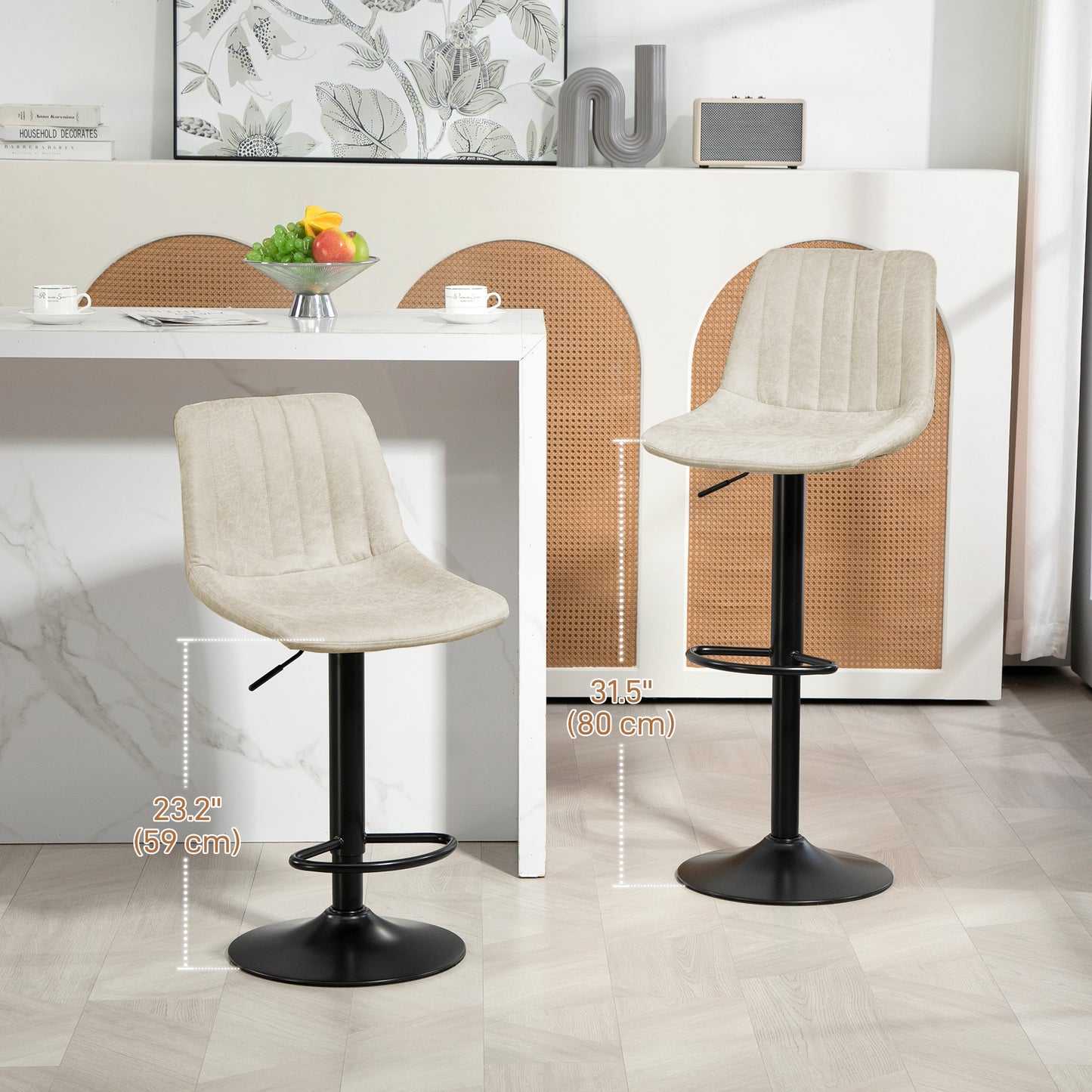 HOMCOM Adjustable Bar Stools Set of 2, Leathaire Swivel Barstools with Back and Footrest, Upholstered Bar Chairs for Kitchen, Dining Room, Home Pub, Brown