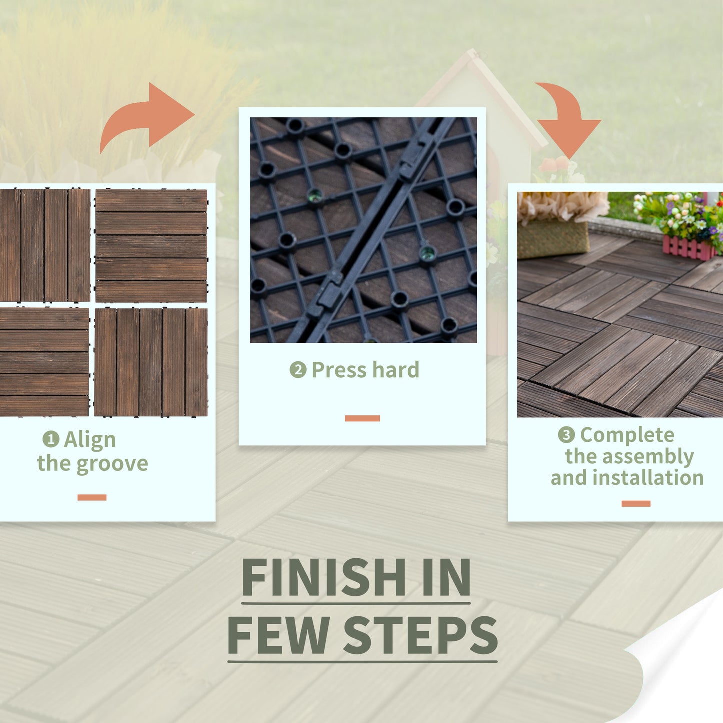 Outsunny 27 Pcs Wood Interlocking Deck Tiles, 12 x 12in Outdoor Flooring Tiles for Indoor and Outdoor Use, Tools Free Assembly, Black