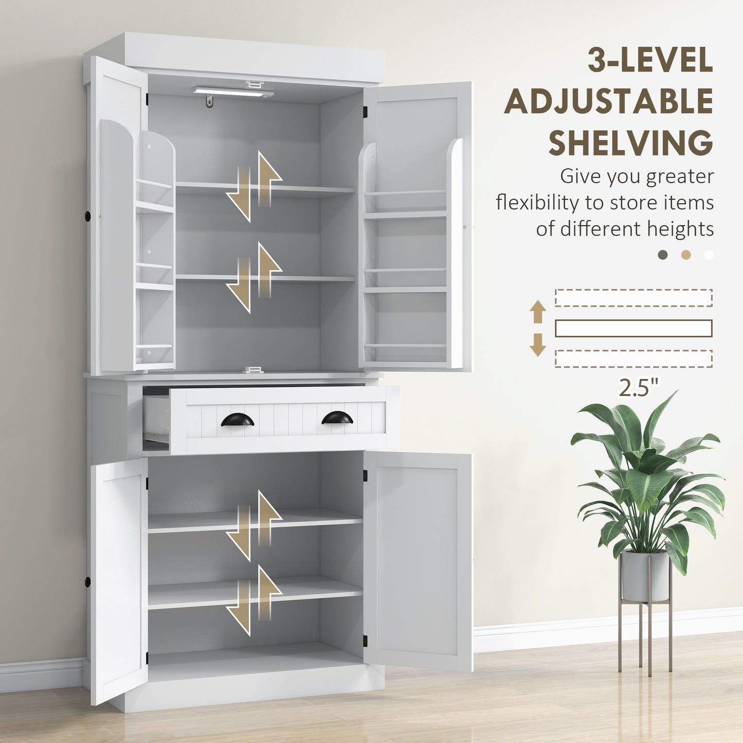 HOMCOM 71" Kitchen Pantry Cabinet with LED Lights, 6 Spice Racks, a Drawer and 4 Adjustable Shelves, White