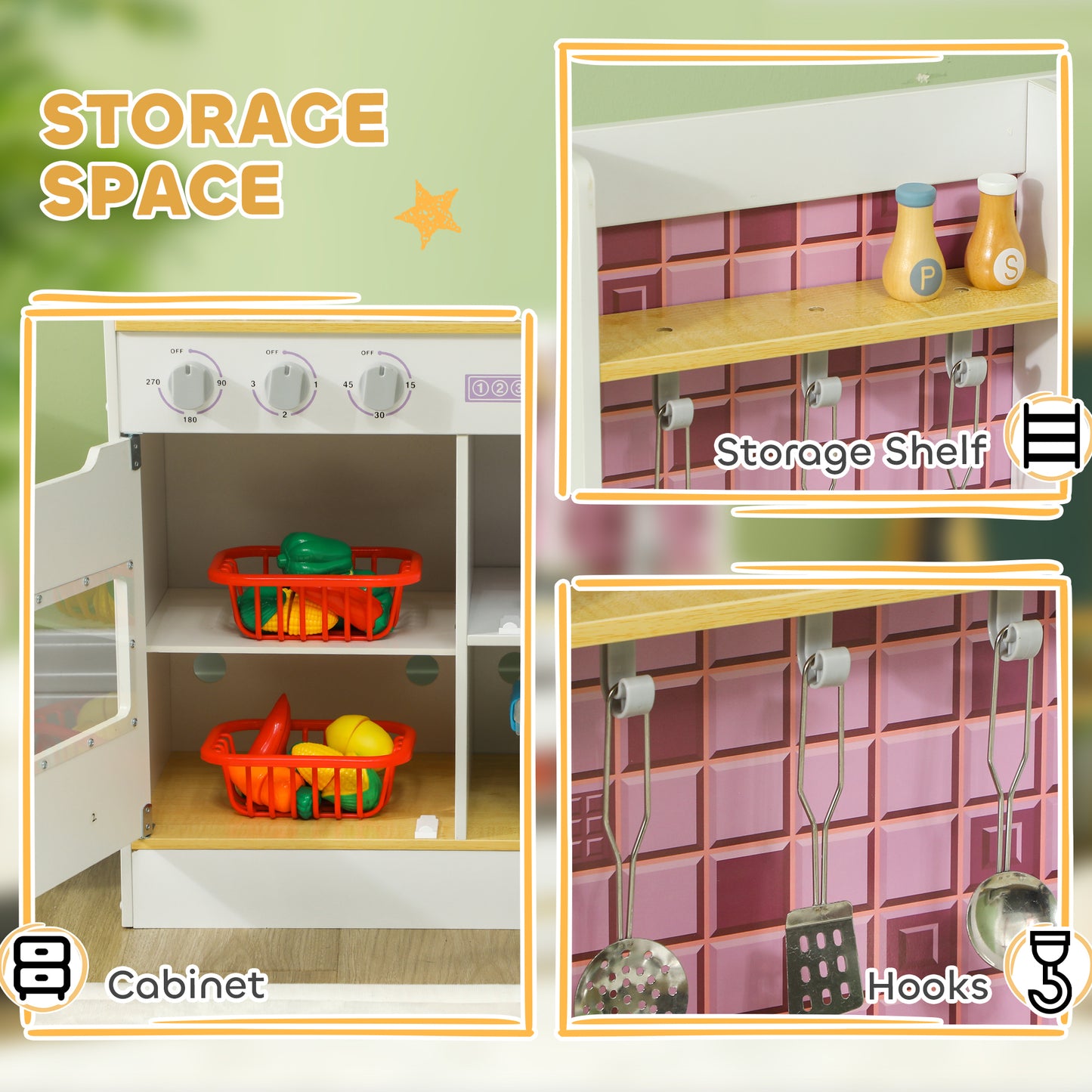 Qaba Play Kitchen Set for Kids, Kids Kitchen Playset with Realistic Lights & Sounds, Sink, Oven, Stove, White