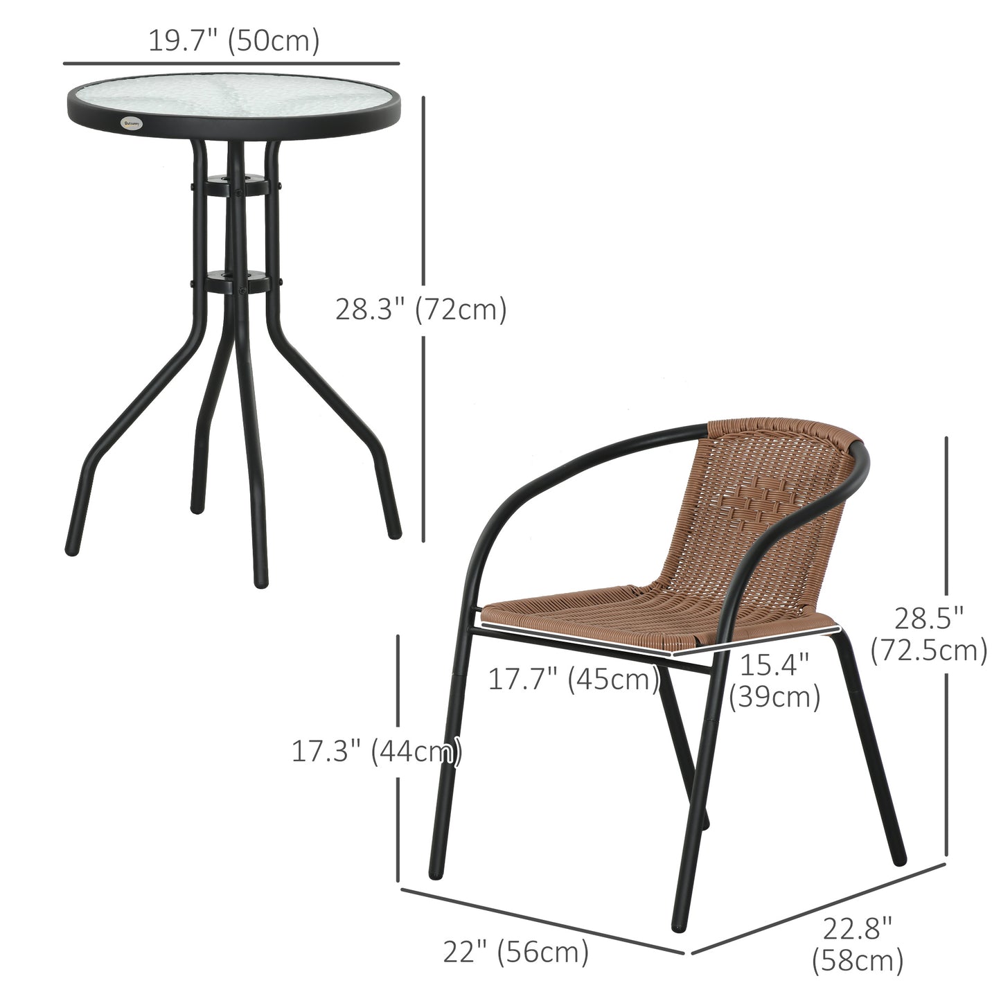 Outsunny 3 Pieces Outdoor Wicker Furniture Set with 2 Stackable Chairs, Tempered Glass Coffee Table for Garden, Backyard, Black