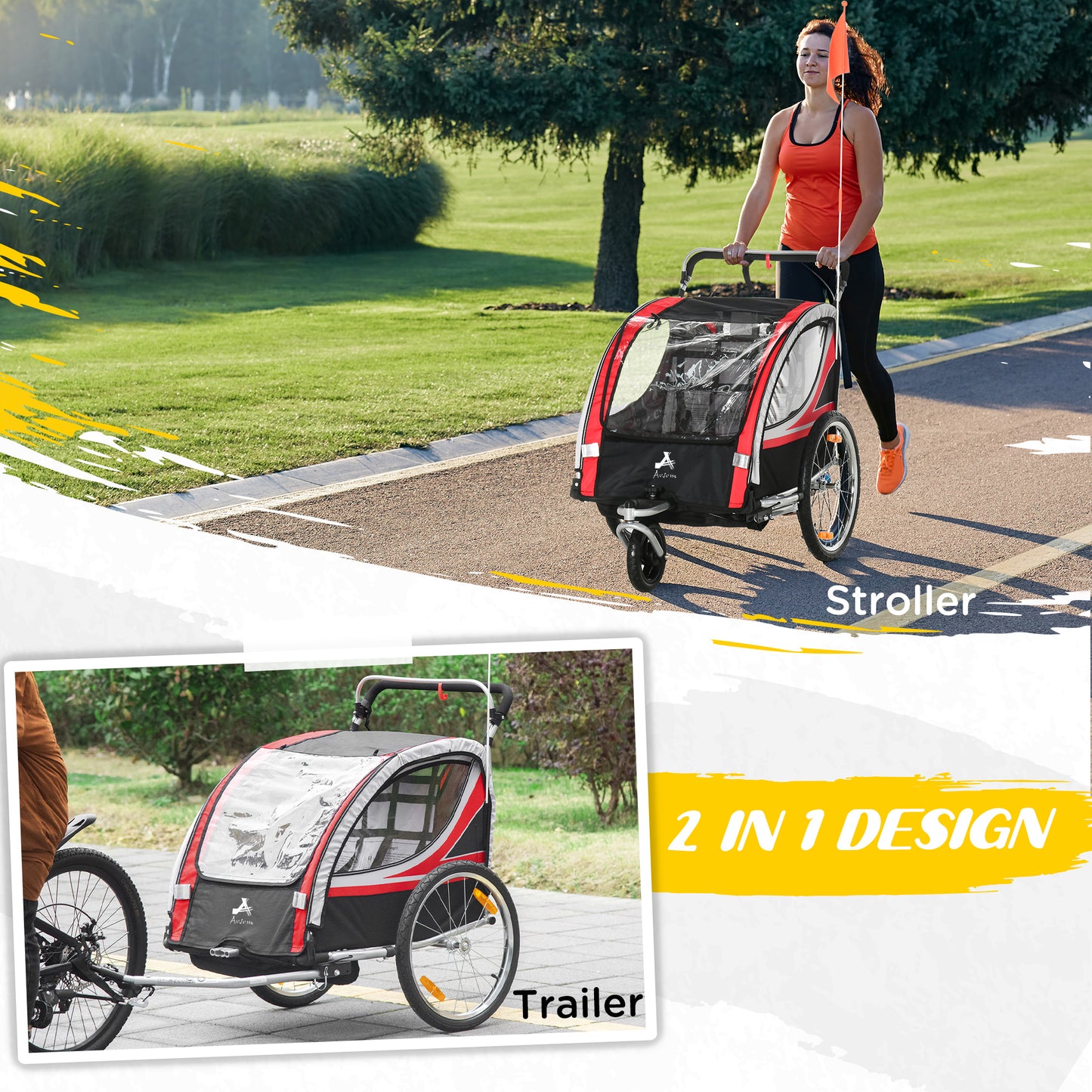 Aosom 2 Seat Bike Trailer for Kids 2-in-1 Double Baby Jogging Stroller with Handbrake, Rubber Wheels, 5 Point Harness, Waterproof Cover, Storage Bag, Reflectors, Yellow