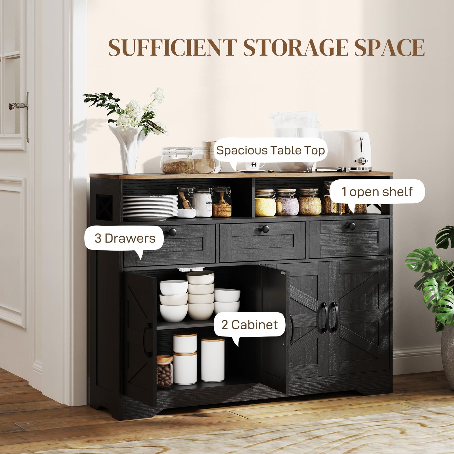 HOMCOM Sideboard, Buffet Cabinet with 4 Barn Doors and 3 Drawers, Coffee Bar Cabinet with Adjustable Shelves, Black