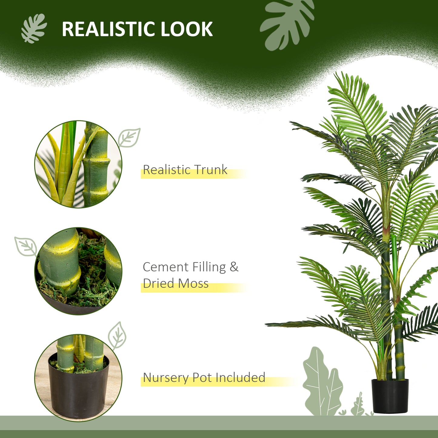 HOMCOM Artificial Tree Areca Palm Tree Fake Plants in Pot with 21 Leaves for Indoor Decor, 8"x8"x60", Green