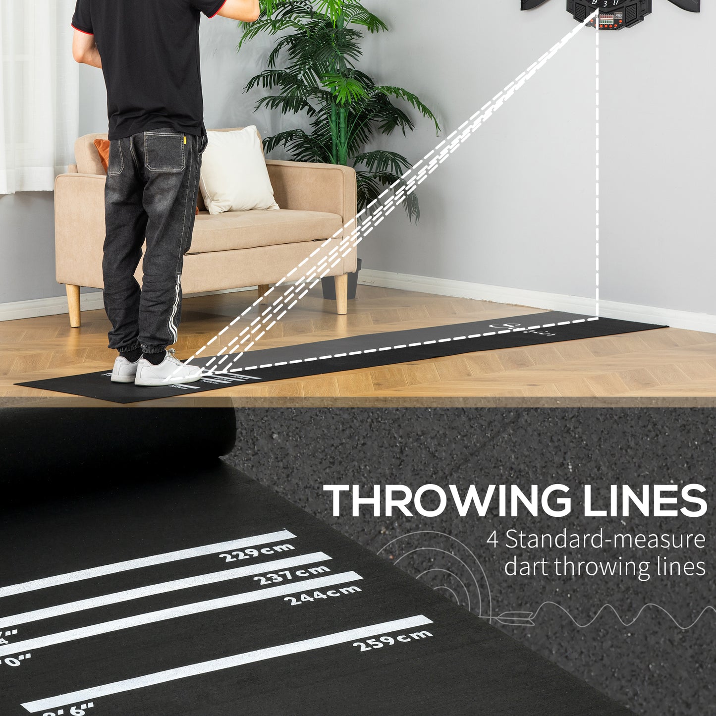Soozier 9.8 x 2 ft Professional Rubber Dart Mat with 4 Throwing Distances for Pub Club Home, Black