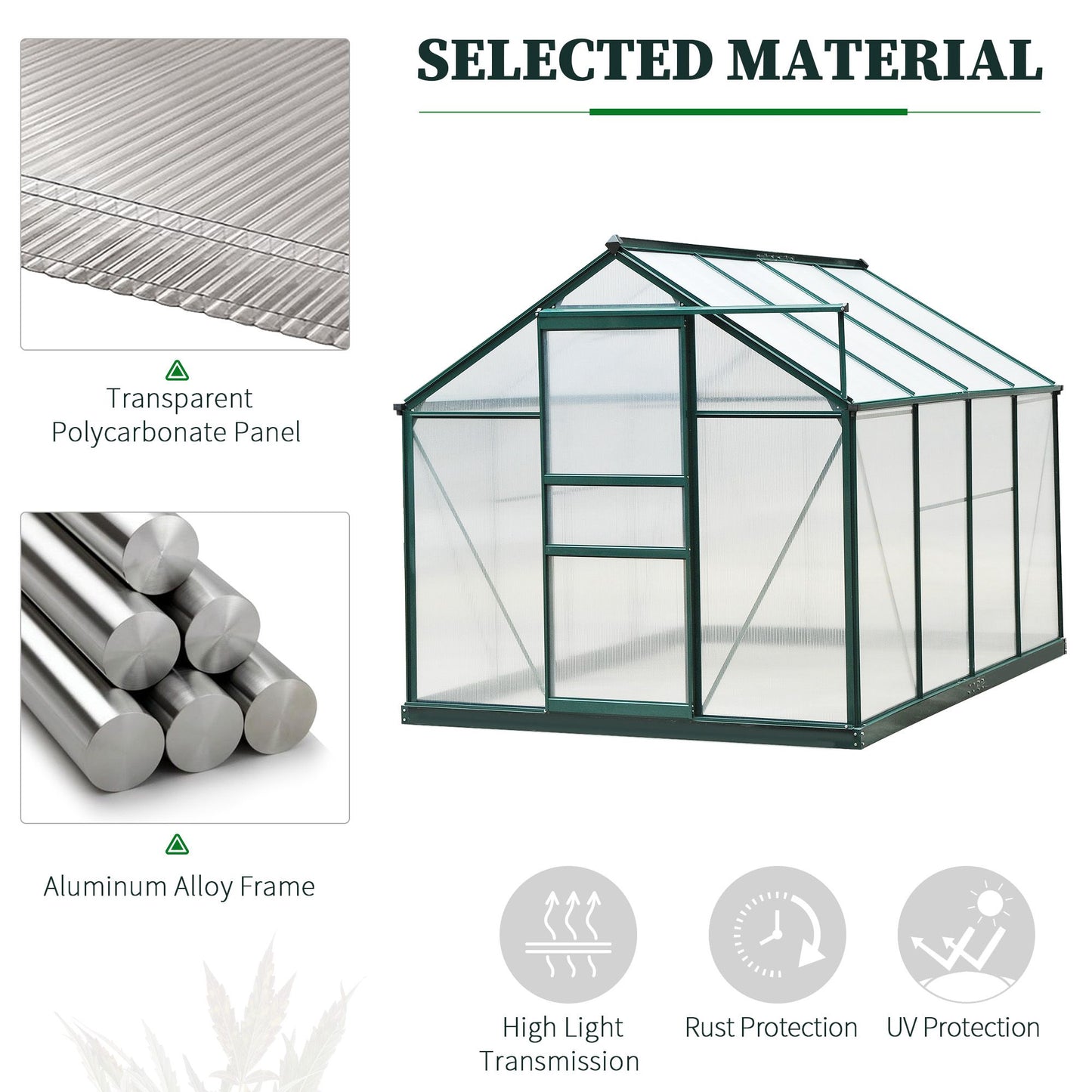 Outsunny 6' x 10' x 6.6' Polycarbonate Greenhouse, Walk-In Green House Kit Garden, Plants Grow, Galvanized Sheet Aluminum Frame with Rain Gutter, Vents and Sliding Door, Green