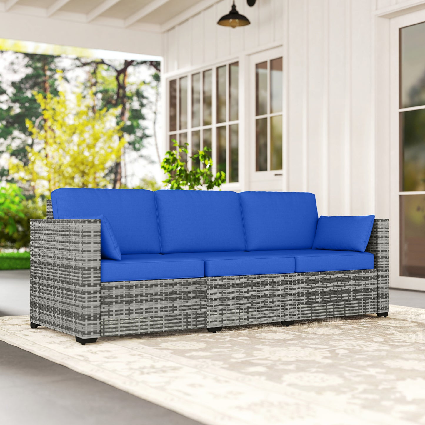 Outsunny 3-Seater Outdoor Sofa with Cushions, PE Rattan Conversation Patio Couch with Pillows for Garden, Poolside, Blue