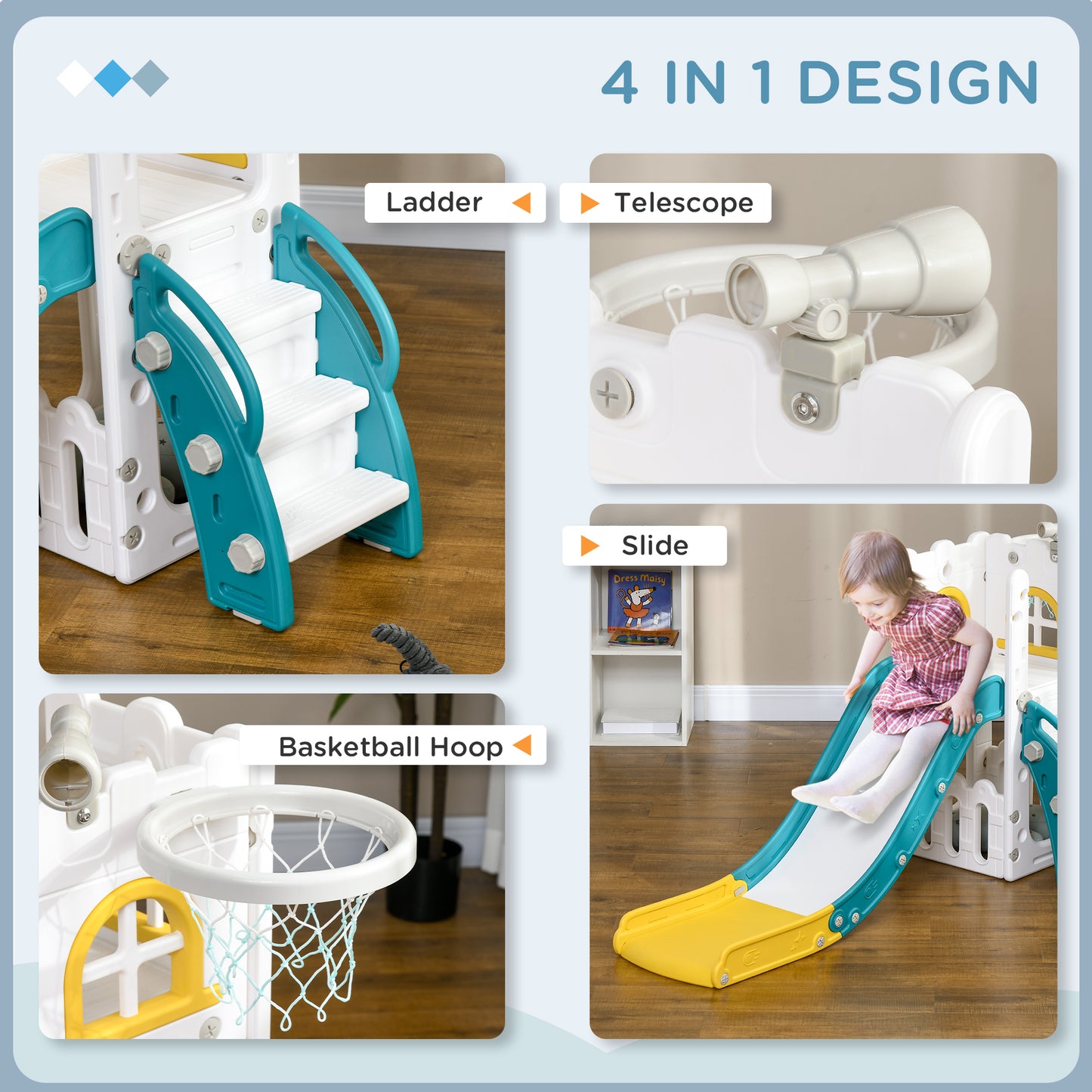 Qaba 4 in 1 Toddler Slide with Basketball Hoop, Climber, Telescope, Storage Basket, for 1-3 Years Kids Indoor Use, Yellow