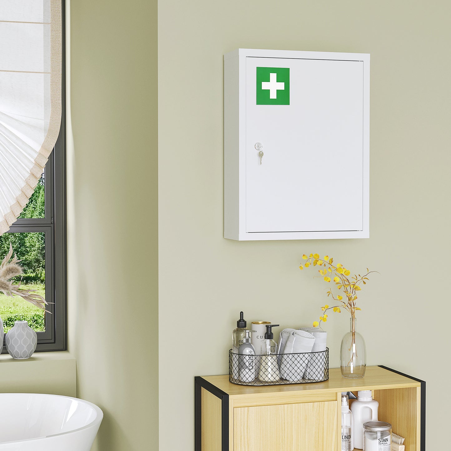 kleankin Lockable Medicine Cabinet, 3 Tier Steel Medical Wall Box with 2 Keys and Shelves for Bathroom, White