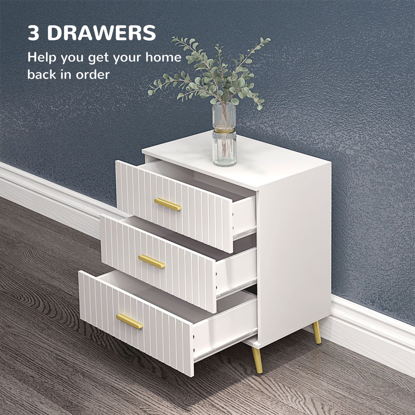 HOMCOM 3 Drawer Cabinet, Drawer Chest for Bedroom, Chest of Drawers with Aluminium Legs and Gold Handles, Dark Grey