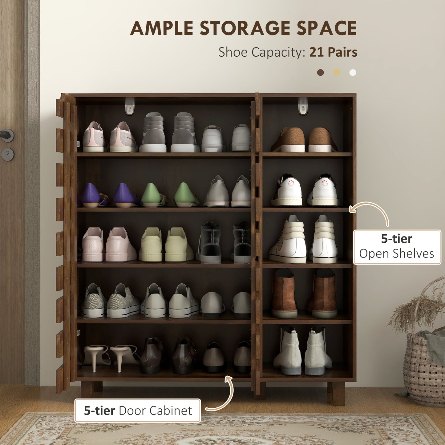 HOMCOM Shoe Cabinet, 21 Pair Shoe Storage Cabinet Organizer with 5-tier Double Door Cupboard and 5-tier Open Shelves, Black
