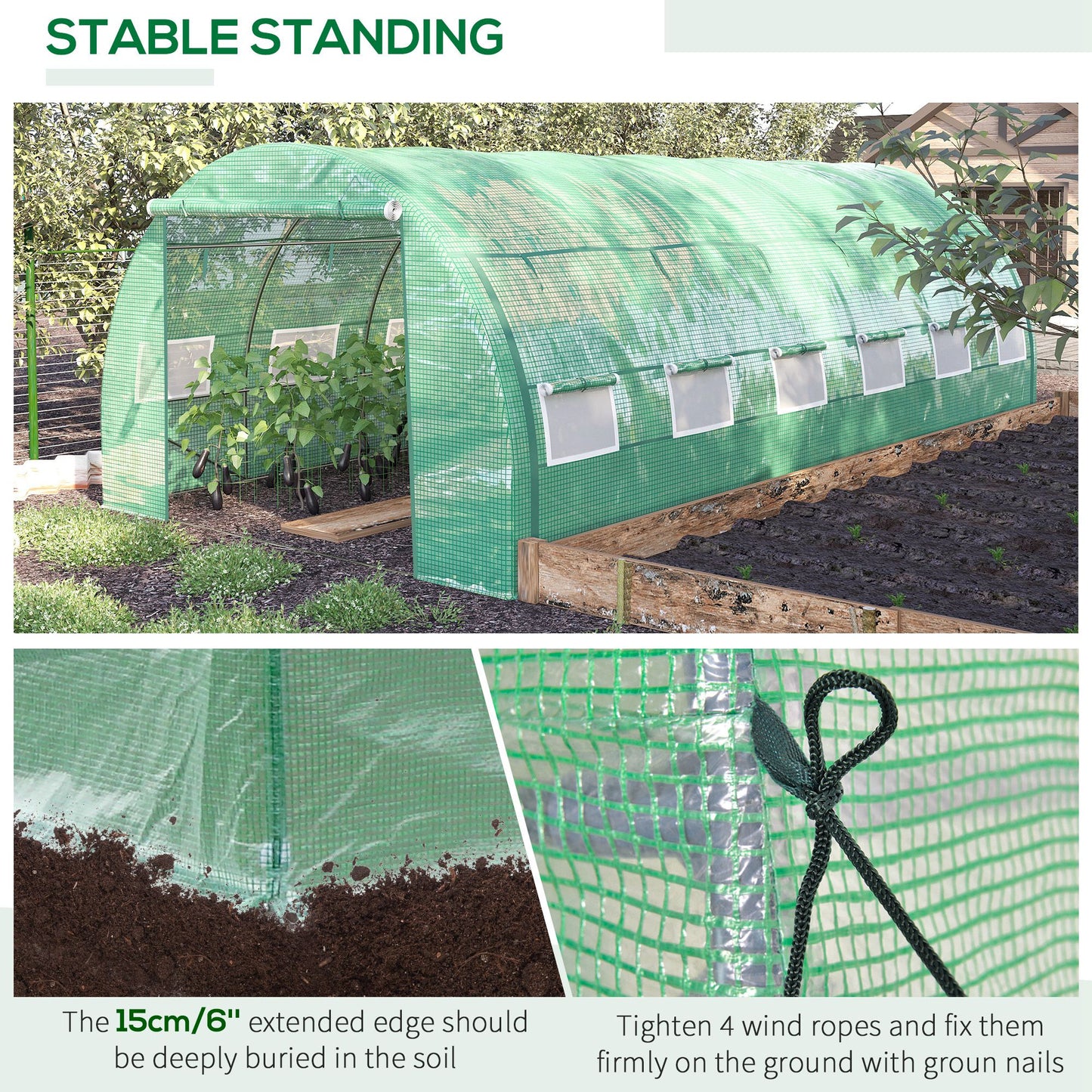 Outsunny Large Walk-in Greenhouse, 20'x10'x6.6' Tunnel Greenhouse with Zippered Door and 12 Roll-up Windows, Outdoor Green House for Garden Plant, Green