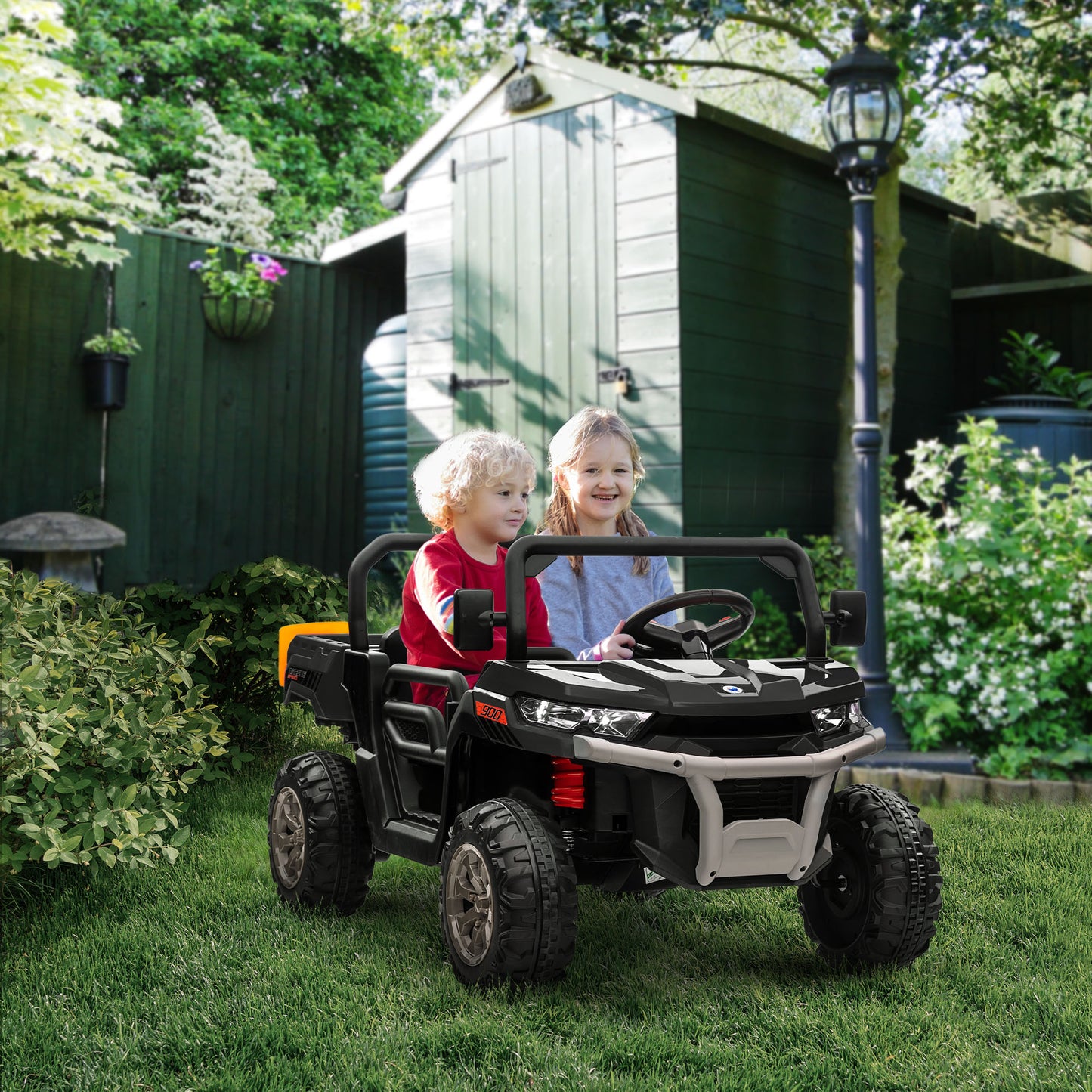 Aosom 12V Ride on Car with Electric Bucket, Two-Seater, Shovel, Remote Control, Spring Suspension, Horn, Music, Red