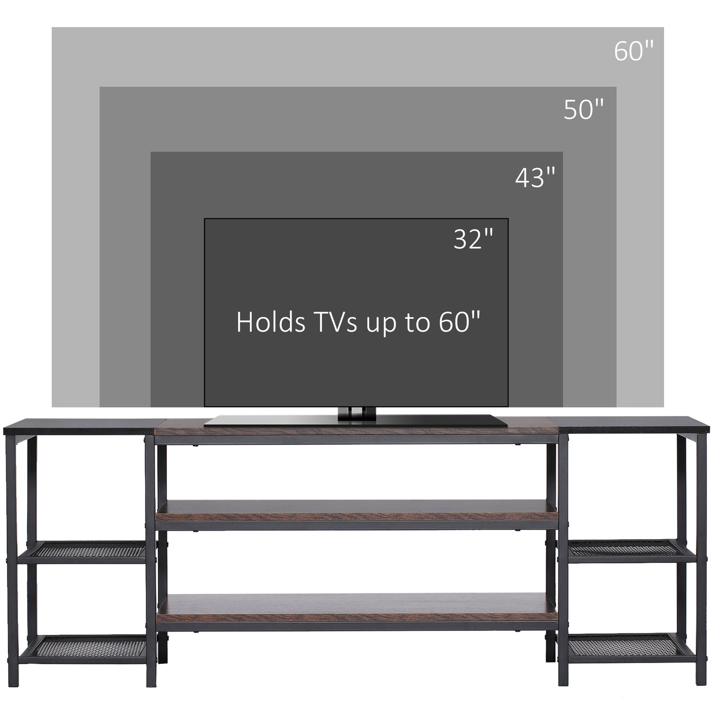 HOMCOM Industrial TV Cabinet for TVs Up to 60", TV Stand with Open Shelf Storage, Media Console with Steel Frame, Rustic Brown