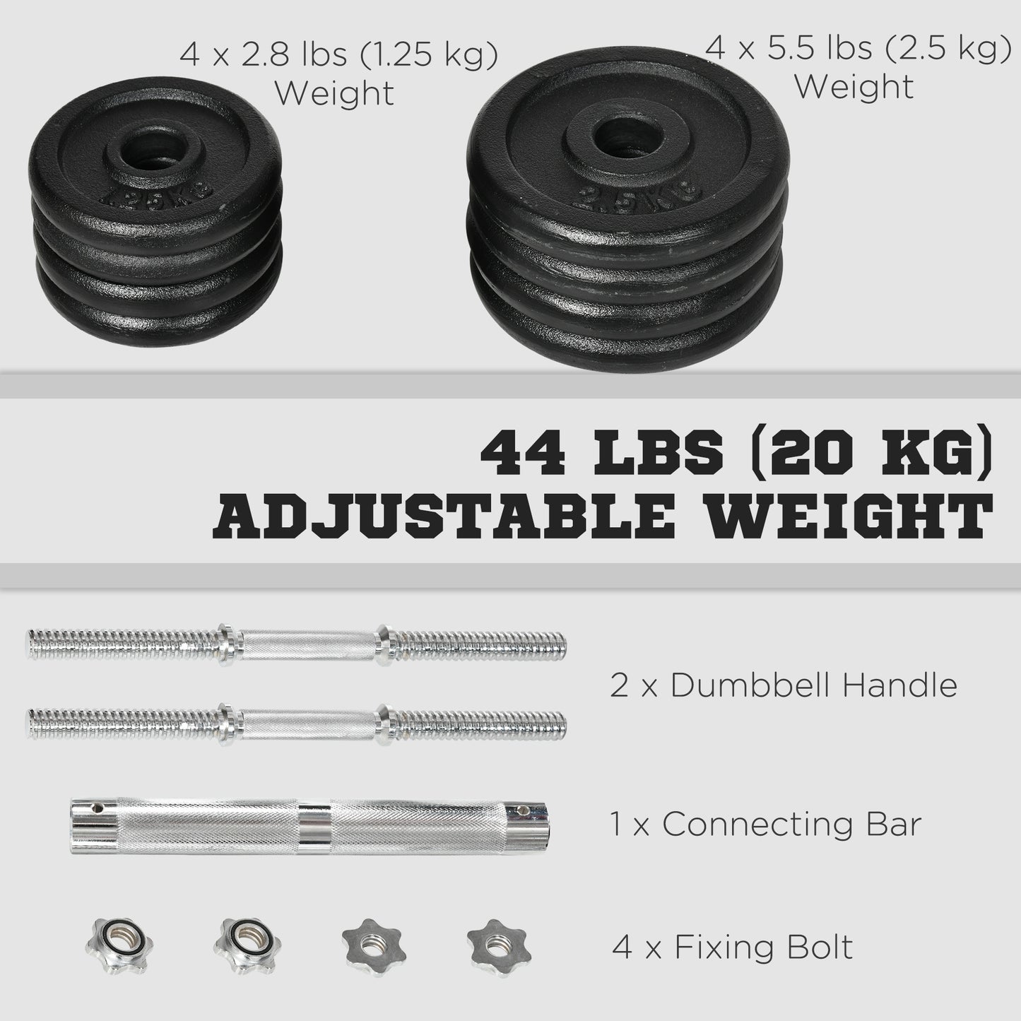 Soozier 44lbs 2-in-1 Adjustable Weight Barbell & Dumbbells Set, Free Weights Set with Non-Slip Handles for Home Gym Training, Black