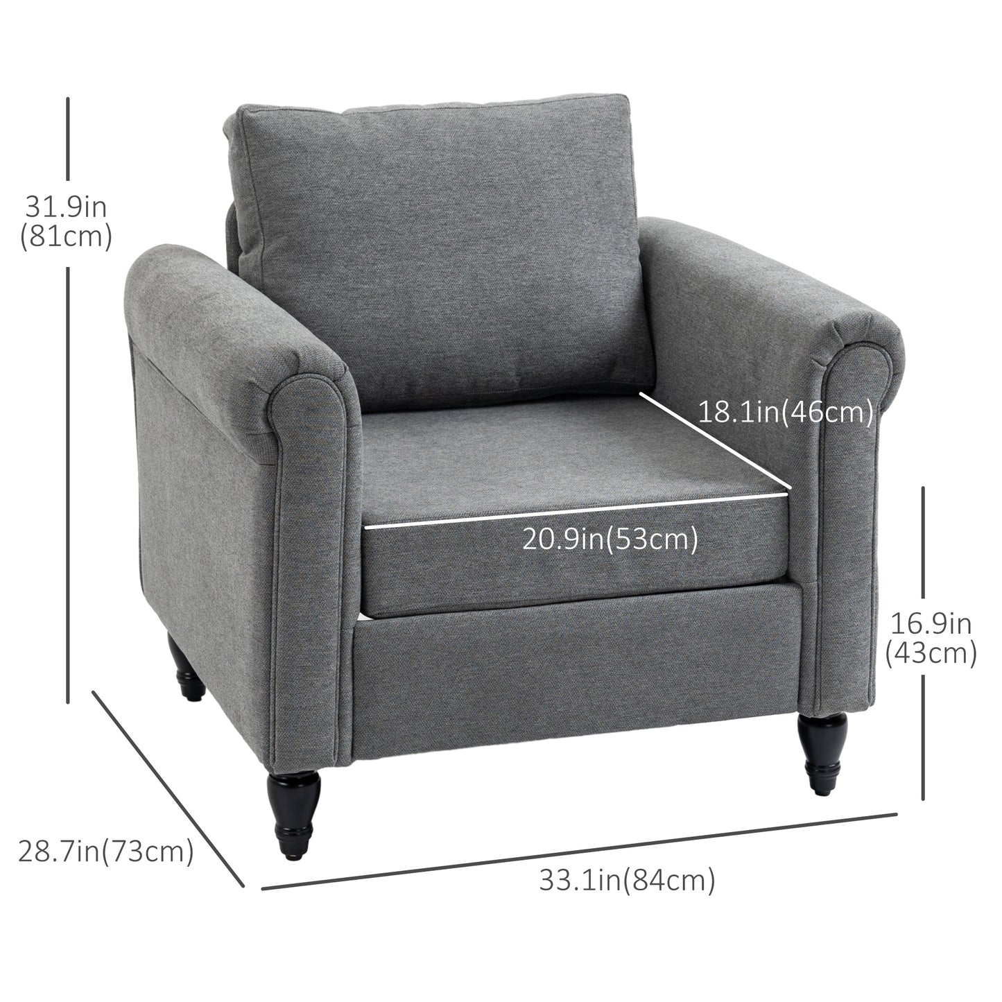 HOMCOM Vintage Armchair, Upholstered Accent Chair with Rolled Arms, Gourd-Shaped Rubber Wood Legs, Light Grey