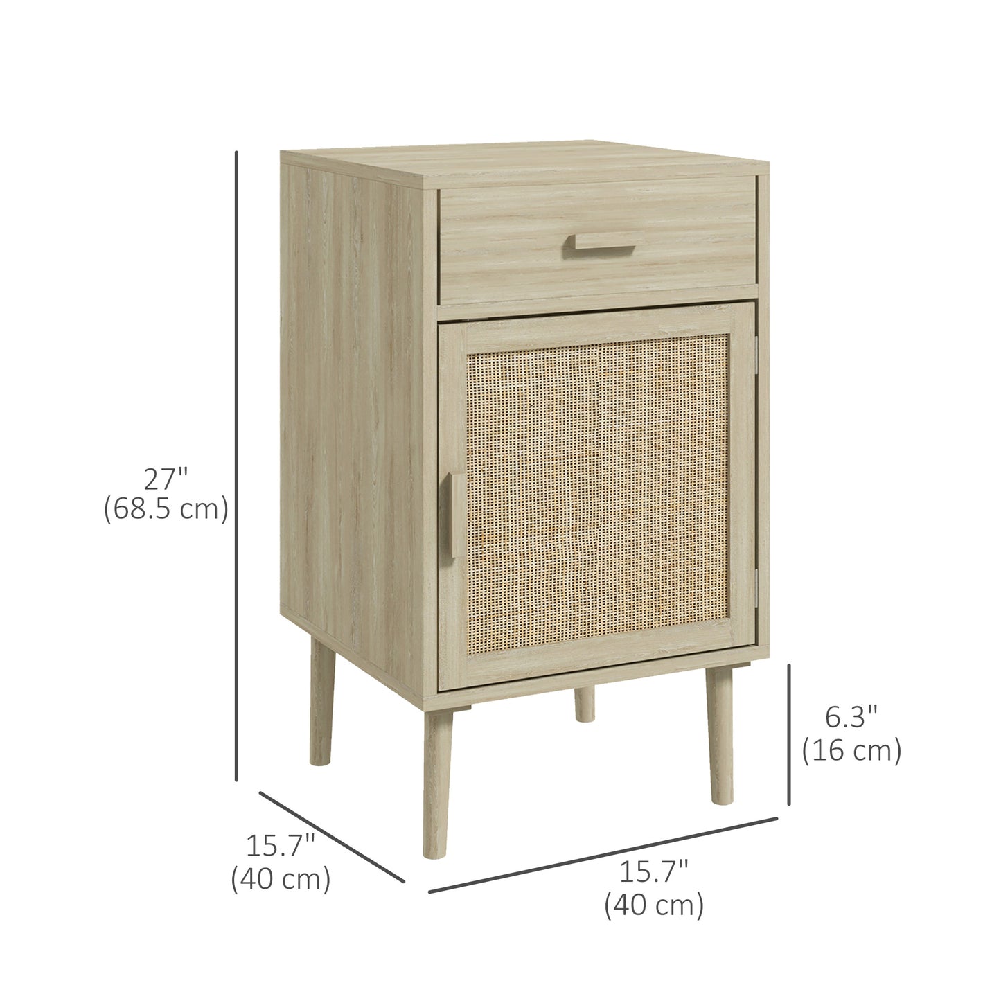 HOMCOM Boho Bedside Tables Set of 2, Nightstands with Drawer, Rattan Cabinet, Adjustable Shelf for Bedroom, Living Room, Black