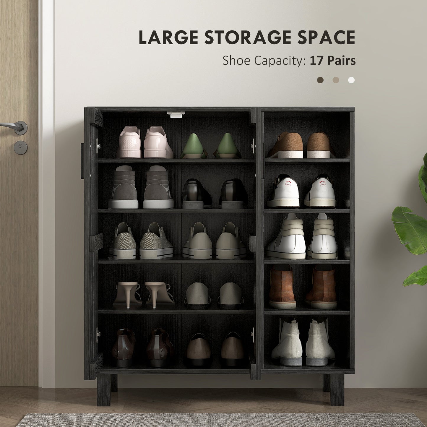 HOMCOM Shoe Storage with Double Doors and Open Shelves 17 Pair Shoe Storage Organizer for Entryway Hallway Black