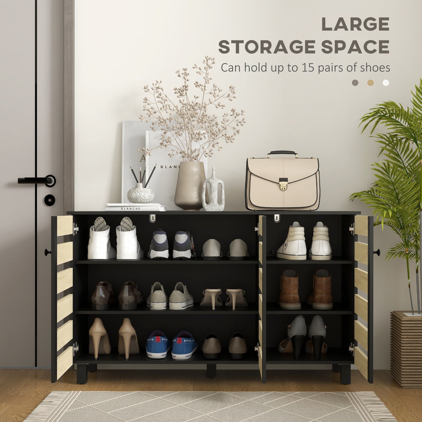 HOMCOM Shoe Cabinet with 3 Slatted Doors, 3-tier Shelving Rack Cabinet with Adjustable Shelves for 15 Pairs of Shoes, Black